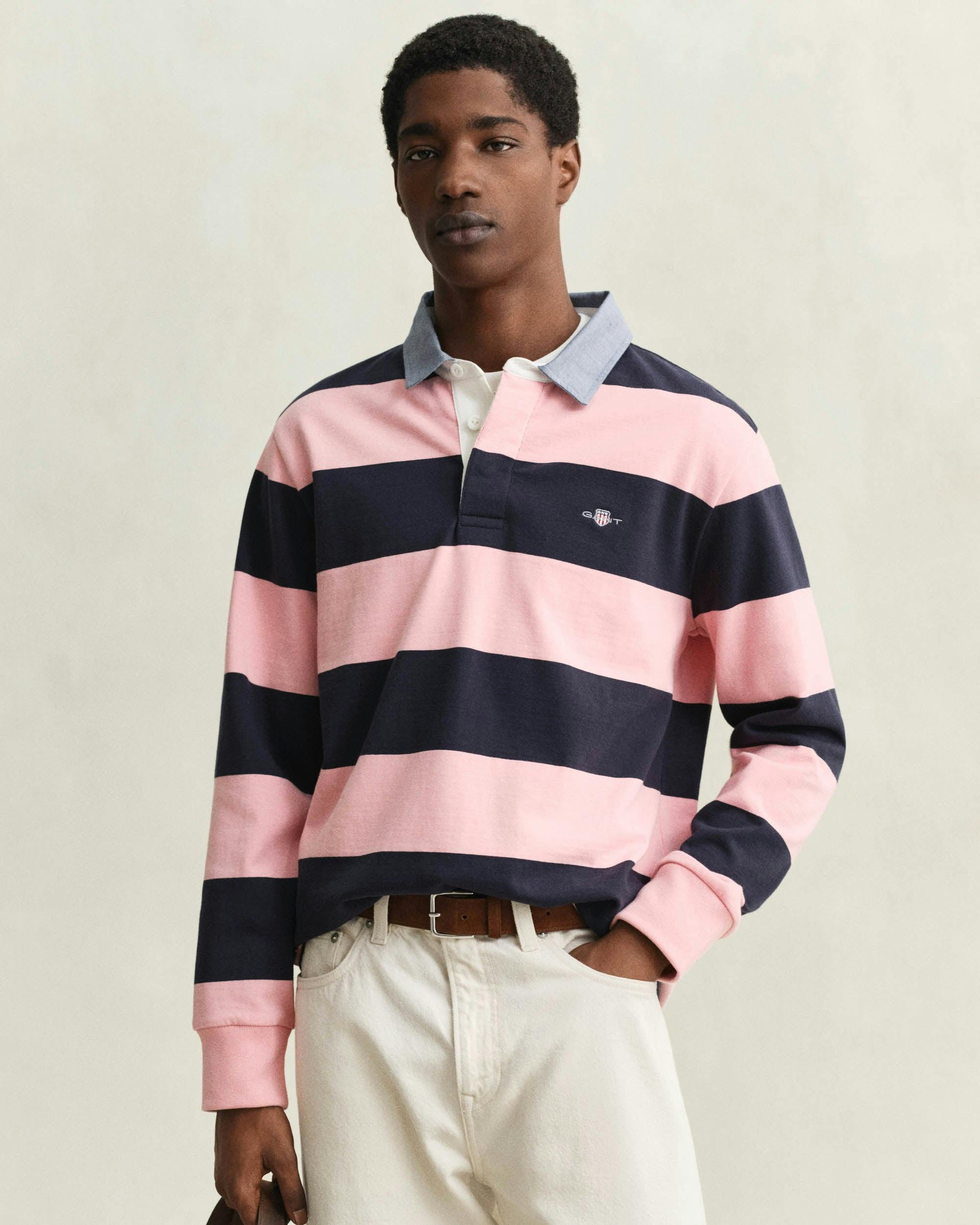 Gant Men's Pink Regular Chambray Stripe Heavy Rugger - 671 Bubblegum - 671 Bubblegum - L