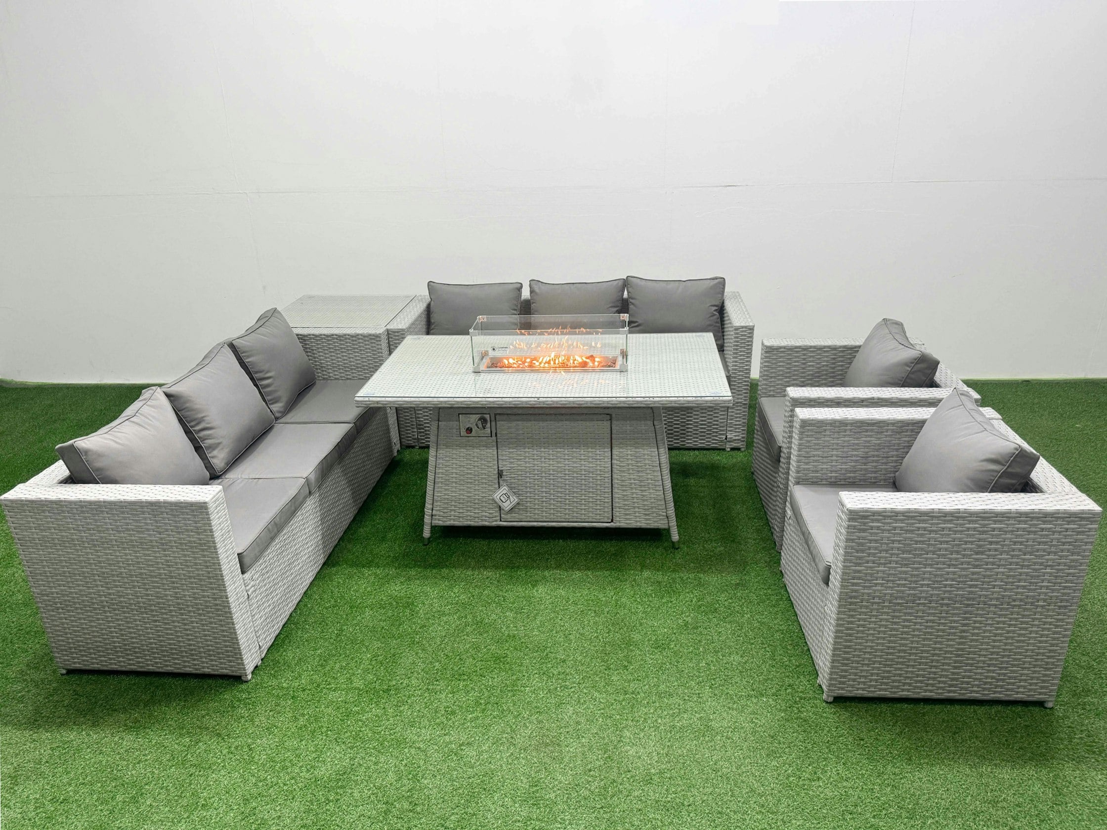 Fimous Light/Grey 8 Seat Pe Rattan Lounge Sofa Set Outdoor Garden Furniture Set With Fire Pit Dining Table 3 Seater Sofa Side Table