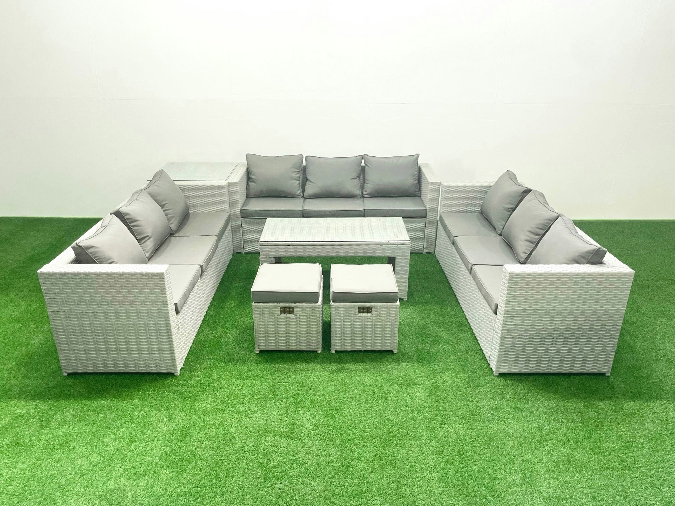 Rackhams Light/Grey Rattan Garden Outdoor Furniture Set 11 Seater Garden Sofa Oblong Coffee Table Set With 2 Small Footstool Side Table Mixed