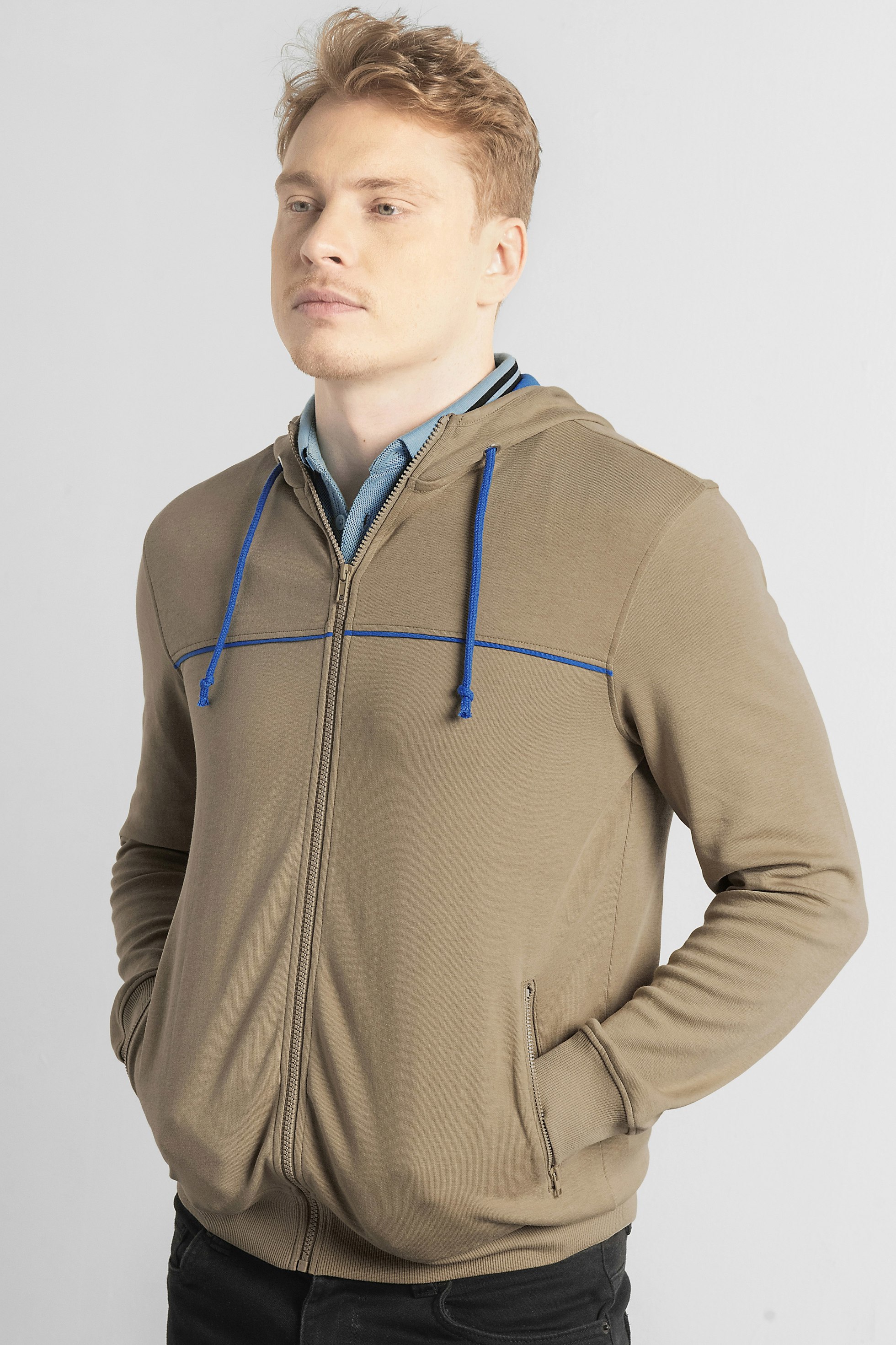 Enorsia Blue Heavy Jersey Zip Through Hoodie - Xxl - Khaki - 70% Cotton, 30% Polyester