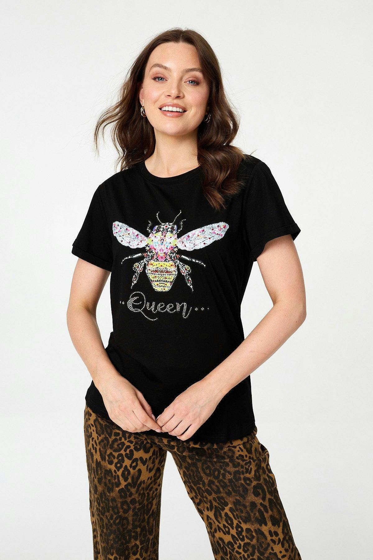 Izabel London Black Graphic Bee Print Sparkly Slim T-Shirt - 8
