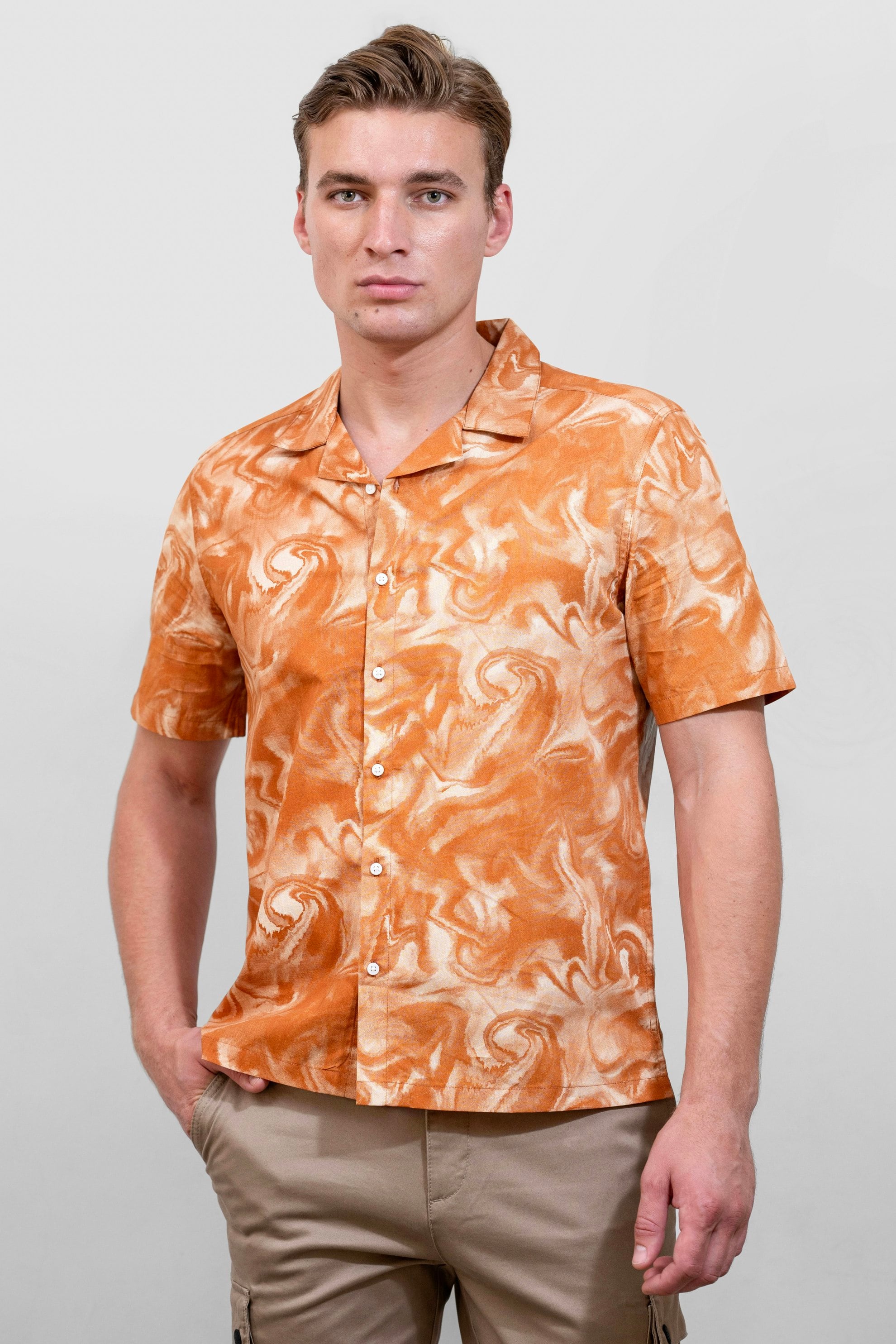 Enorsia Orange Revere Collar Short Sleeves Printed Shirt - Xxl - 100% Cotton.