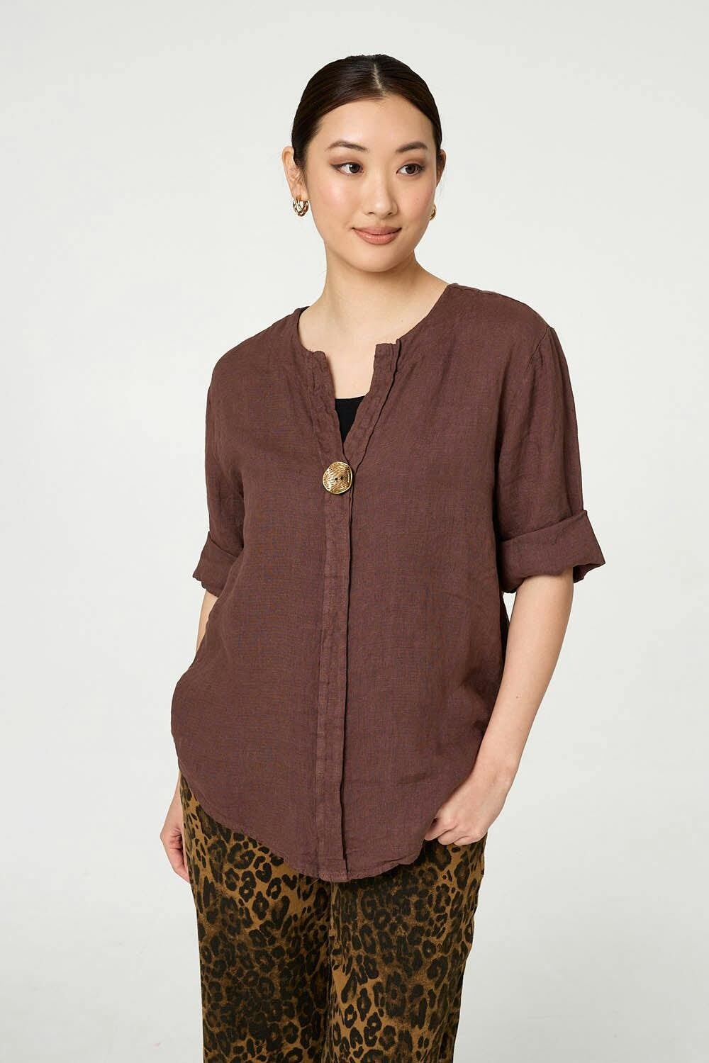 Izabel London Button Detail 1/2 Sleeve V-Neck Blouse - Chocolate - 12