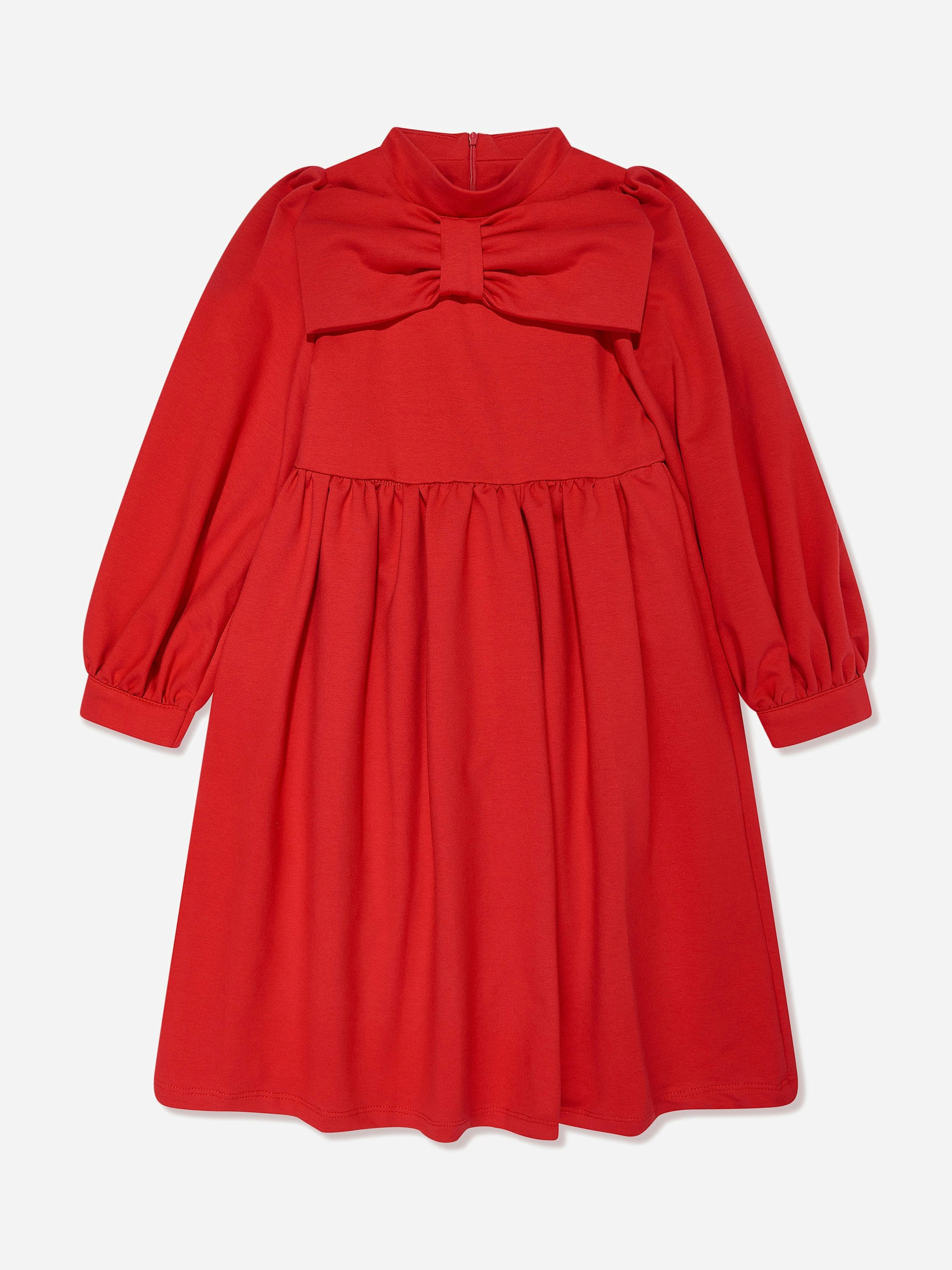 Mama Luma Girls Red Pleated Bow Dress In - 9 - 10 Yrs