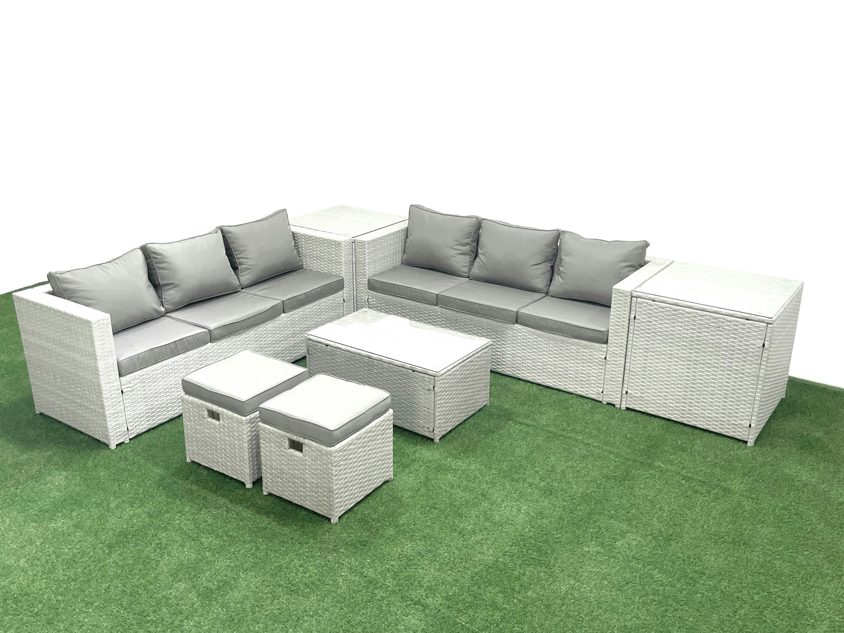 Fimous Light/Grey Garden Outdoor Pe Rattan Furniture Set 8 Seater Rattan Garden Sofa Set With 2 Small Footstool 2 Side Tables Mixed
