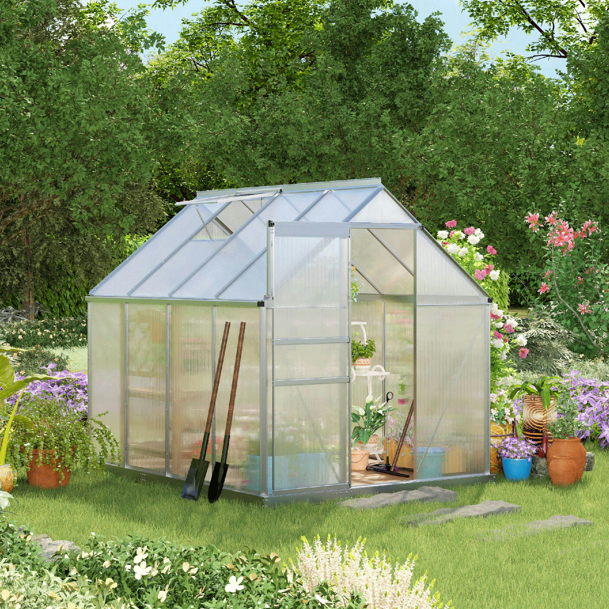 Outsunny Silver Polycarbonate Walk-In Garden Greenhouse W/ Sliding Door Tone