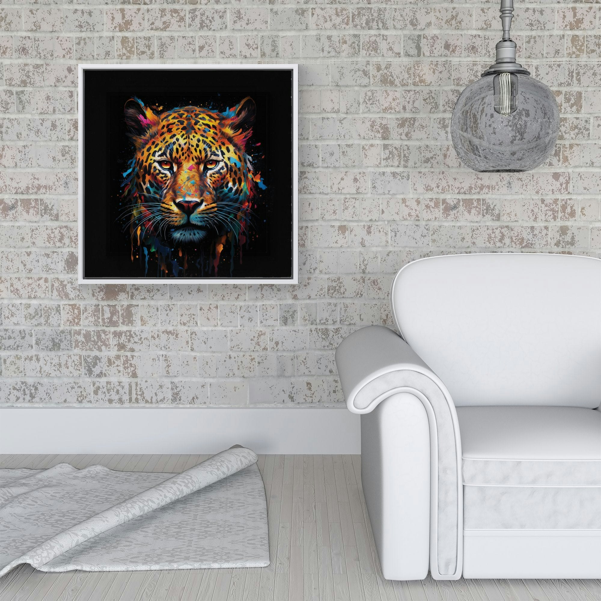 Warren Reed White Splash Art Leopard Face Framed Canvas - 16" X 16"