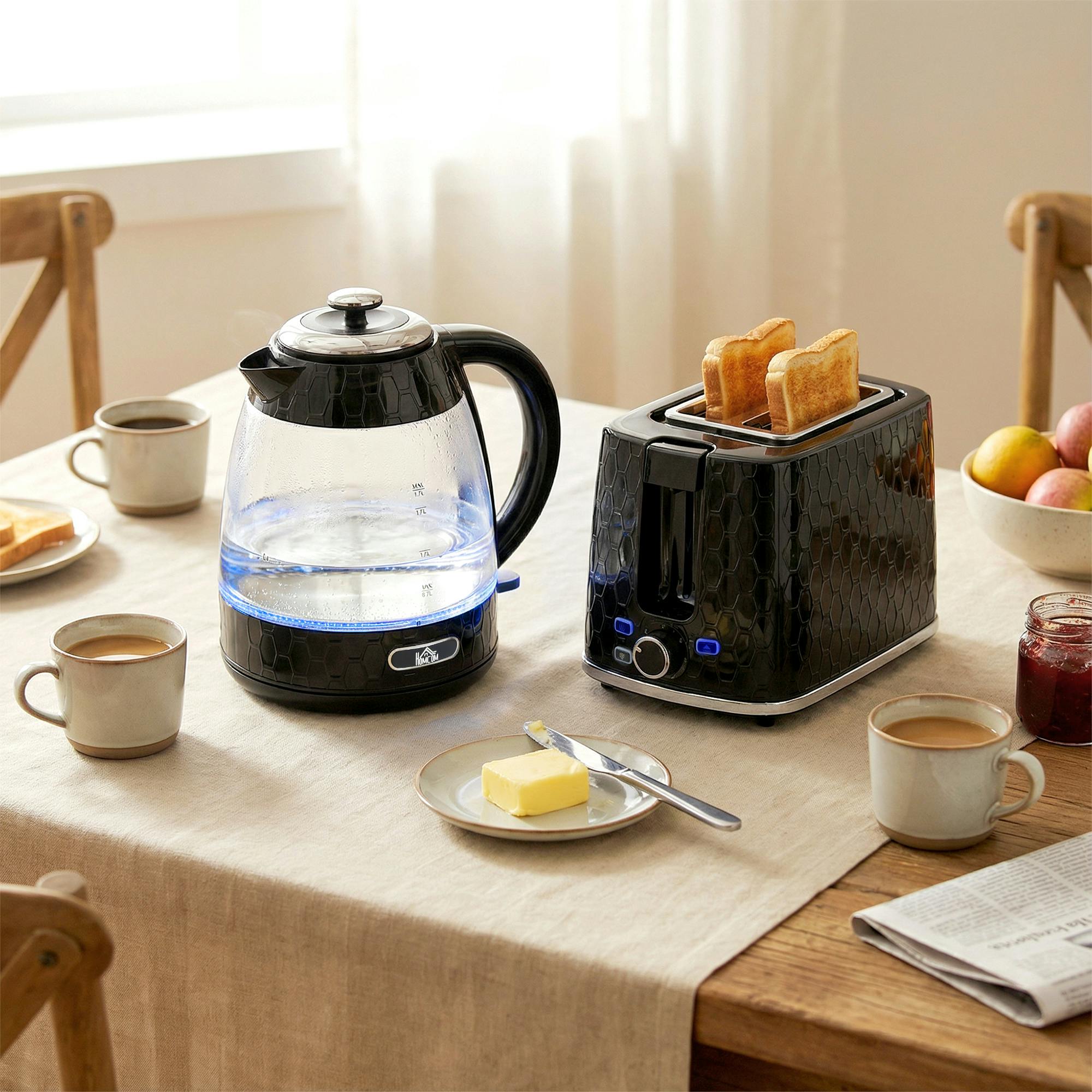 Homcom Black Kettle And Toaster Set With Limescale Filter, Crumb Tray