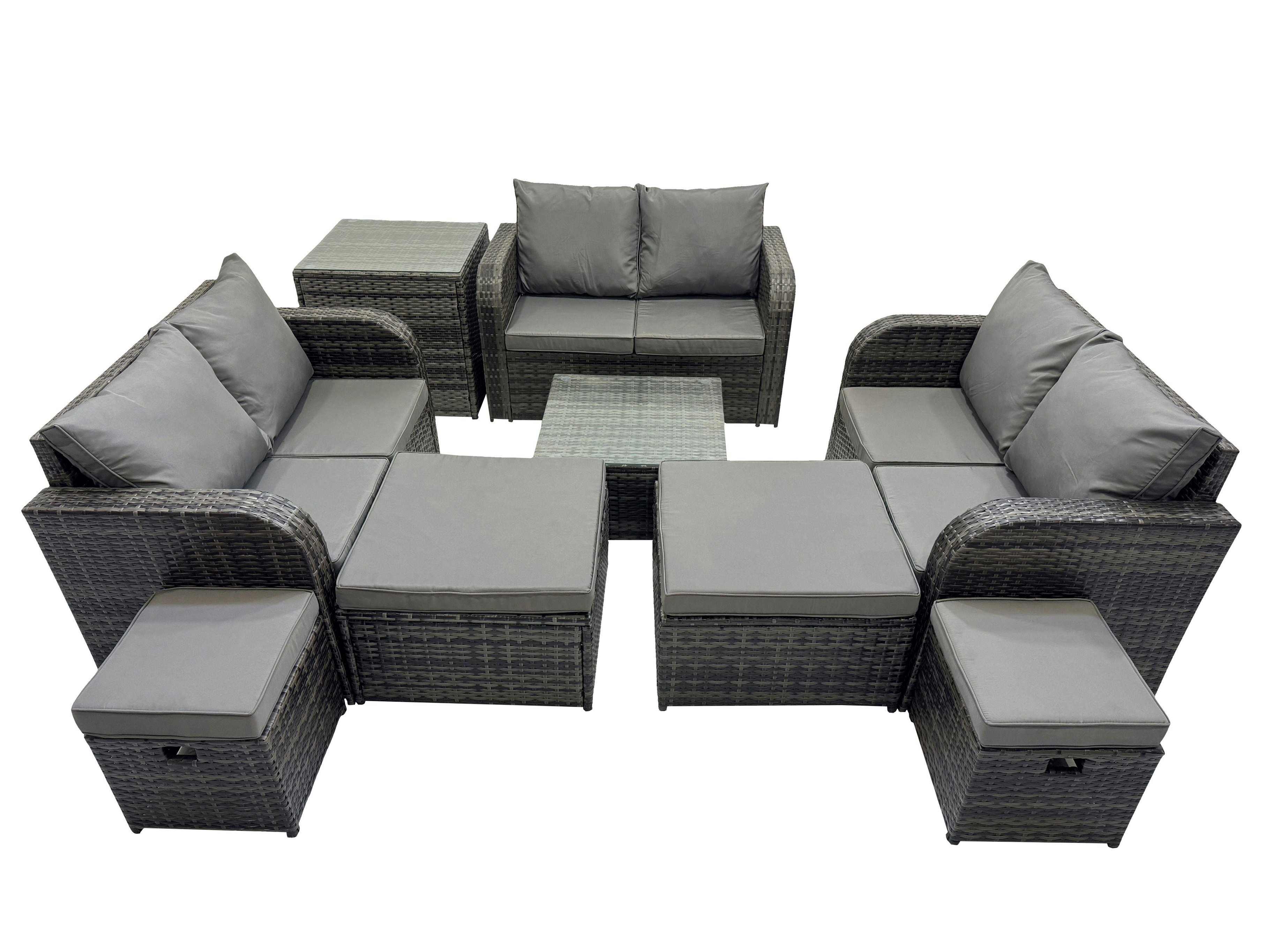 Fimous Dark/Grey Rattan Garden Outdoor Furniture Set Love Sofa Square Coffee Table Set With 4 Stools Side Table Mixed