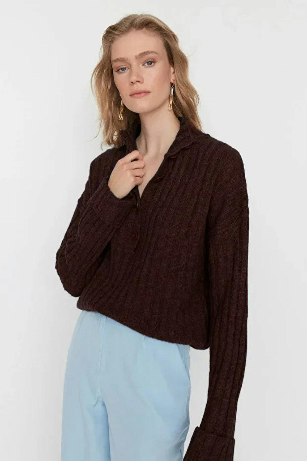 Hoxton Gal Brown Oversized Soft-Textured High Neck Knit Top - L