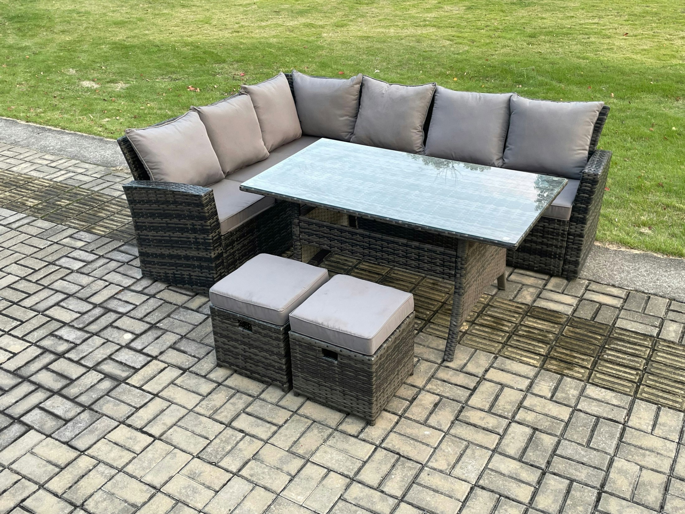 Fimous Dark/Grey 8 Seater Garden Rattan Furniture Corner Dining Set With 2 Small Footstools Indoor Outdoor Lounge Sofa Set
