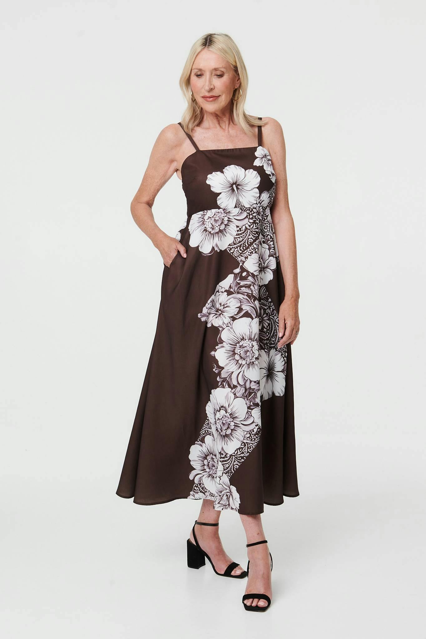 Izabel London Brown Floral Sleeveless Cami A-Line Midi Dress - 18