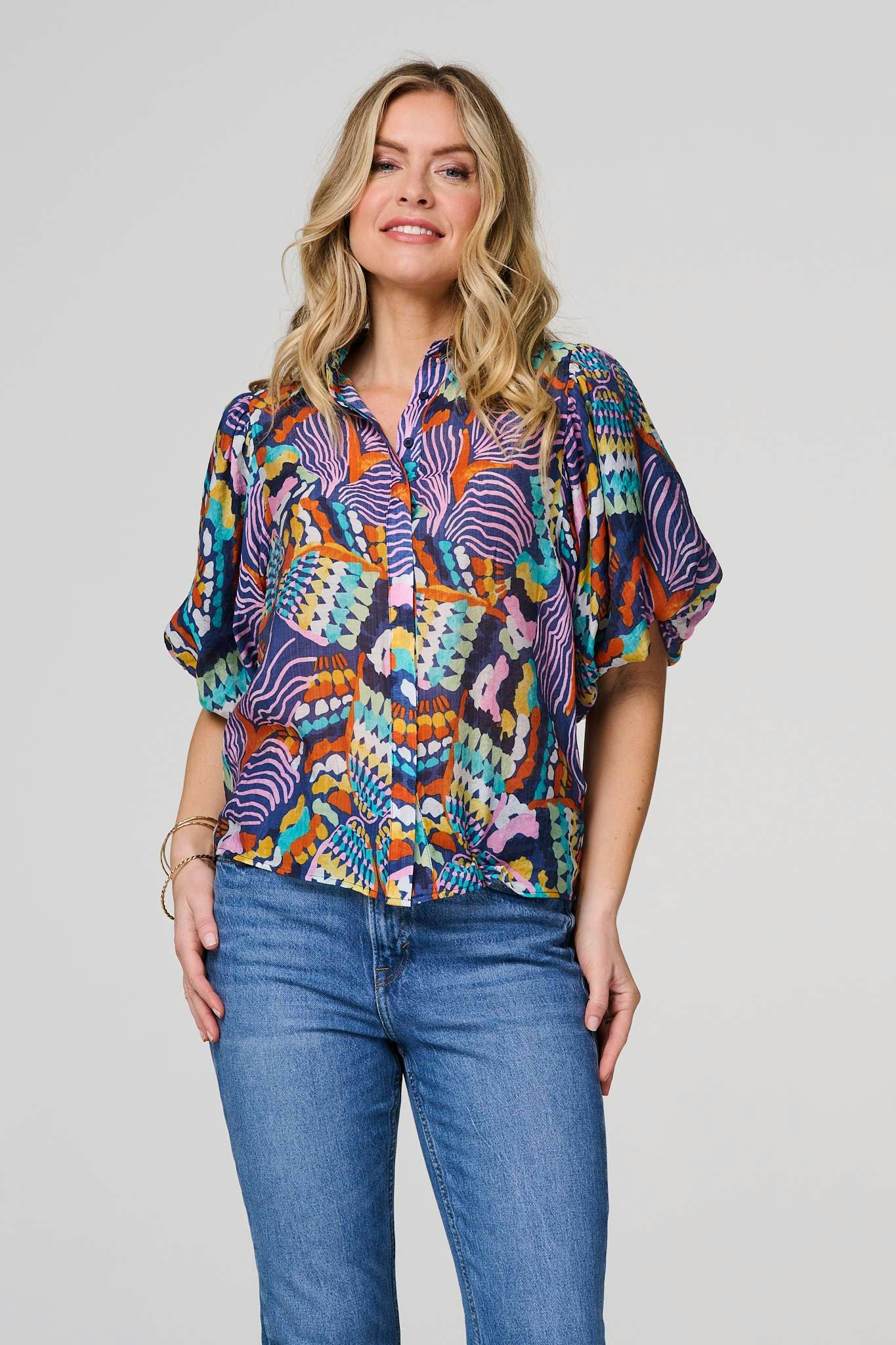 Izabel London Blue Abstract Puff 1/2 Sleeve Shirt - 10