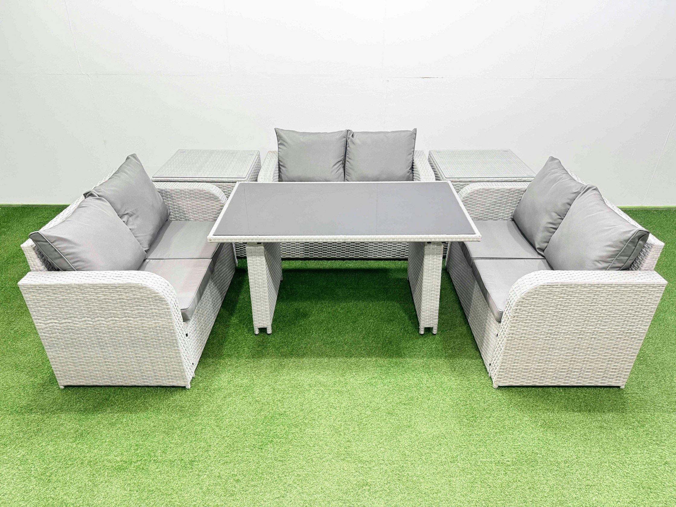 Fimous Black/Light/Grey 6 Seater Patio Garden Furniture Sets With Glass Top Dining Table Love Sofa 2 Side Tables