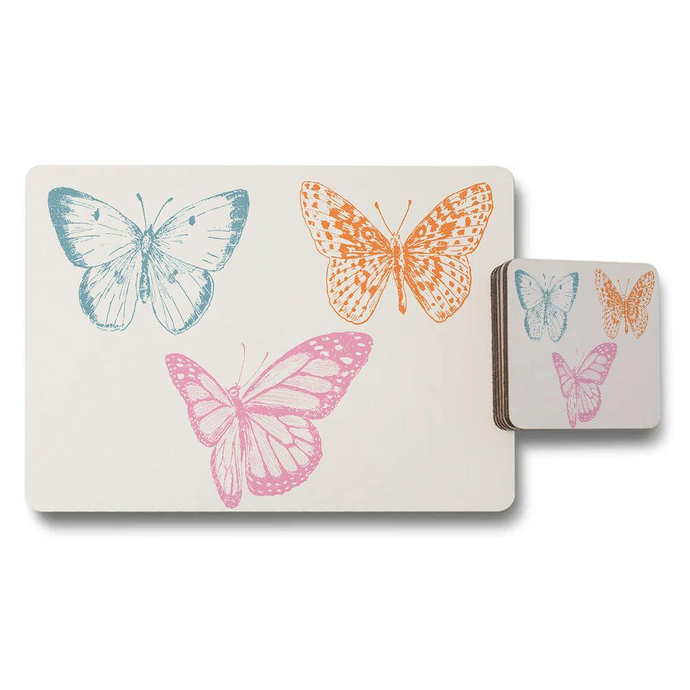 Benjamin Tate Design Blue/Orange/Pink Butterfly Print Placemat And Coaster Set Multicolor Design