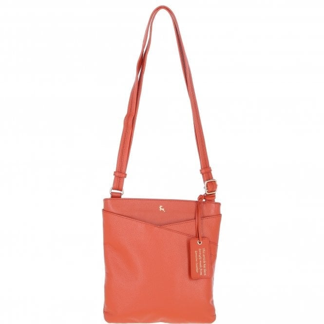 Ashwood Orange Real Leather Zip Top Cross Body Bag: Curve - Leather