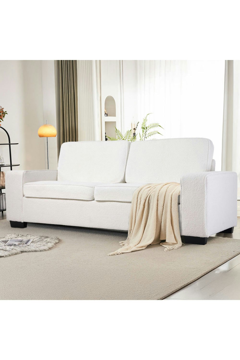 Rackhams White Modern Teddy Fleece Upholstered Loveseat Sofa