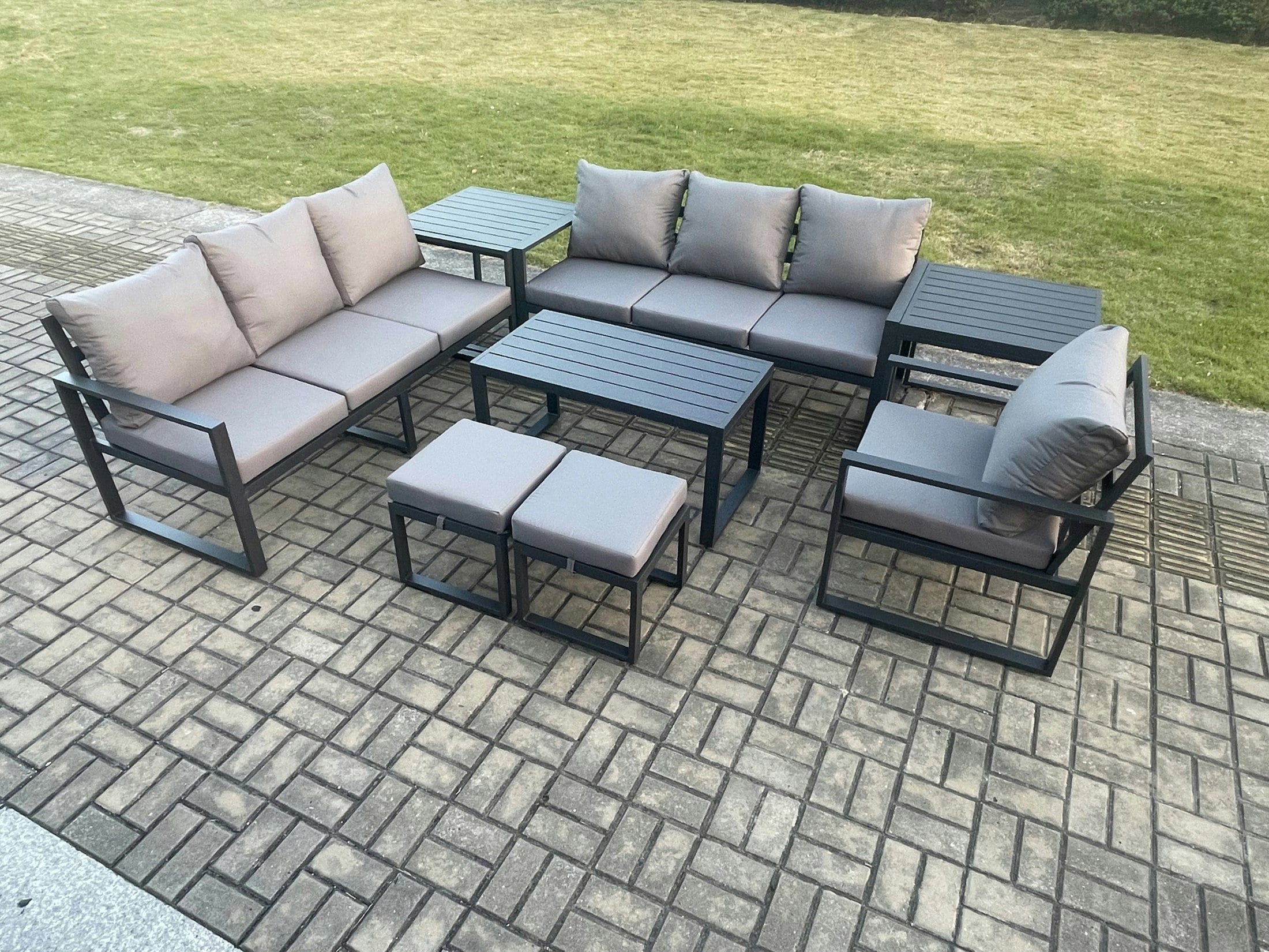Fimous Dark/Grey Aluminium 9 Seater Garden Furniture Outdoor Patio Sofa Set With Rectangular Coffee Table Armchair 2 Small Footstool 2 Side Tables