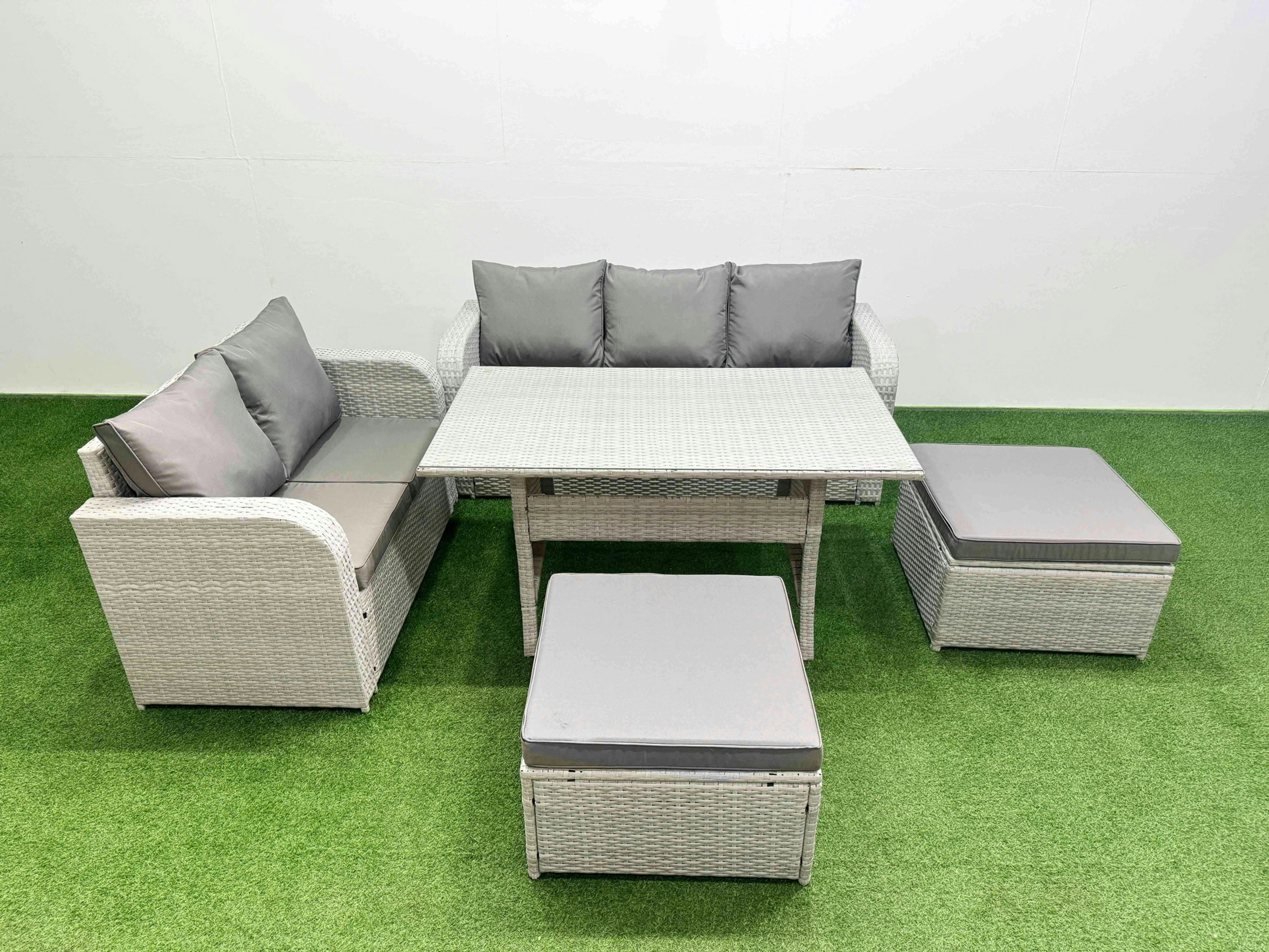 Rackhams Light/Grey/Dark 7 Seater Pe Rattan Wicker Garden Furniture Patio Conservatory Sofa Set With Rectangular Dining Table 3 Seater Sofa Love Sofa 2 Big Footstool