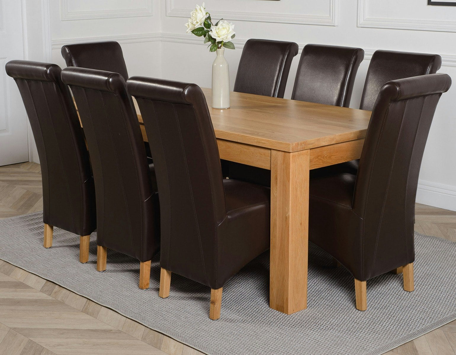 That's Furniture Brown Dakota Oak Dining Table With Montana Leather Chairs - 8 Chairs Large