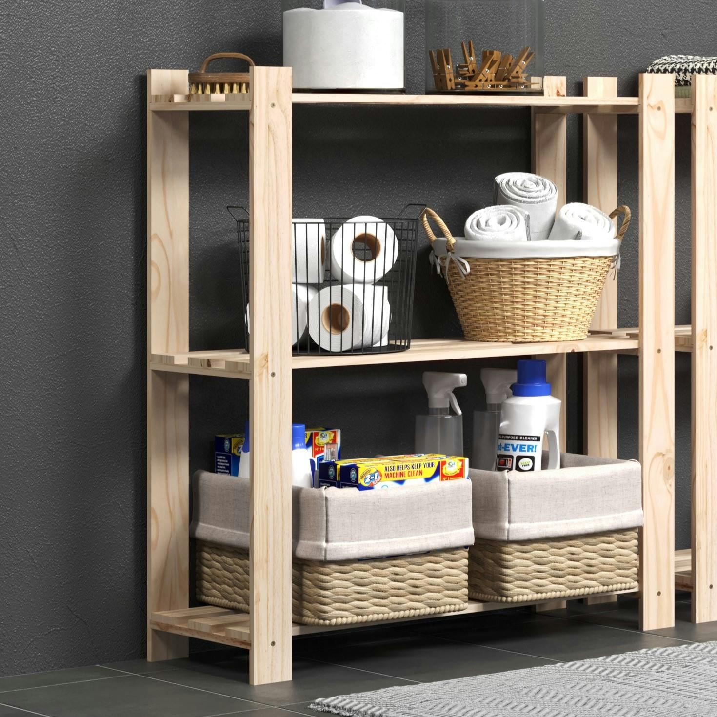 Core Products 3-Shelf Freestanding Storage Rack Unit, Solid Pine - 3-Shelf