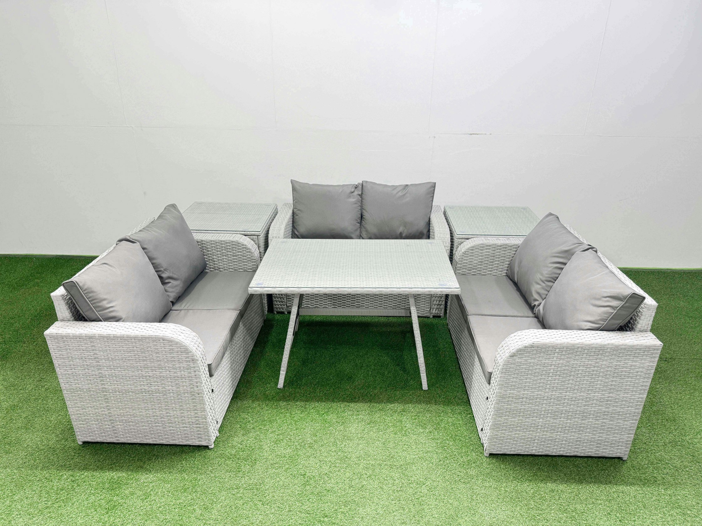 Fimous Rattan Garden Furniture Dining Set 6 Seater Patio Rectangular Table Love Sofa Set With 2 Side Tables