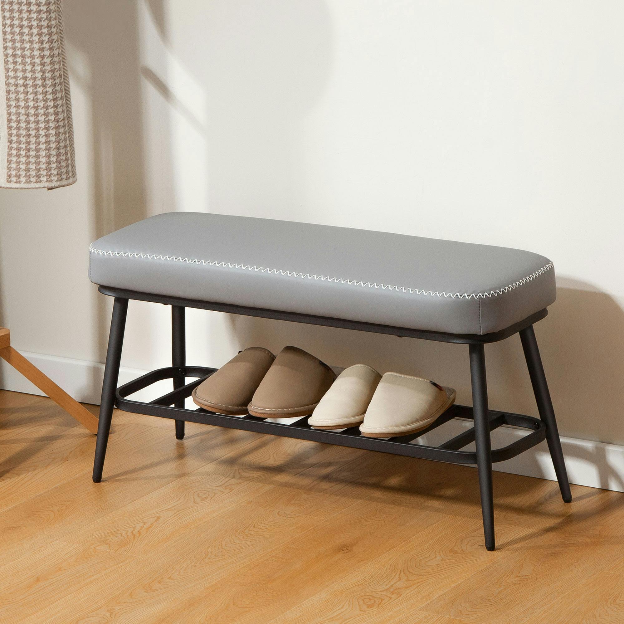 Rackhams Brown/Grey Shoe Bench, Pu Leather Shoe Storage Bench For Entryway, - Pu, Sponge, Multilayer Board, Metal