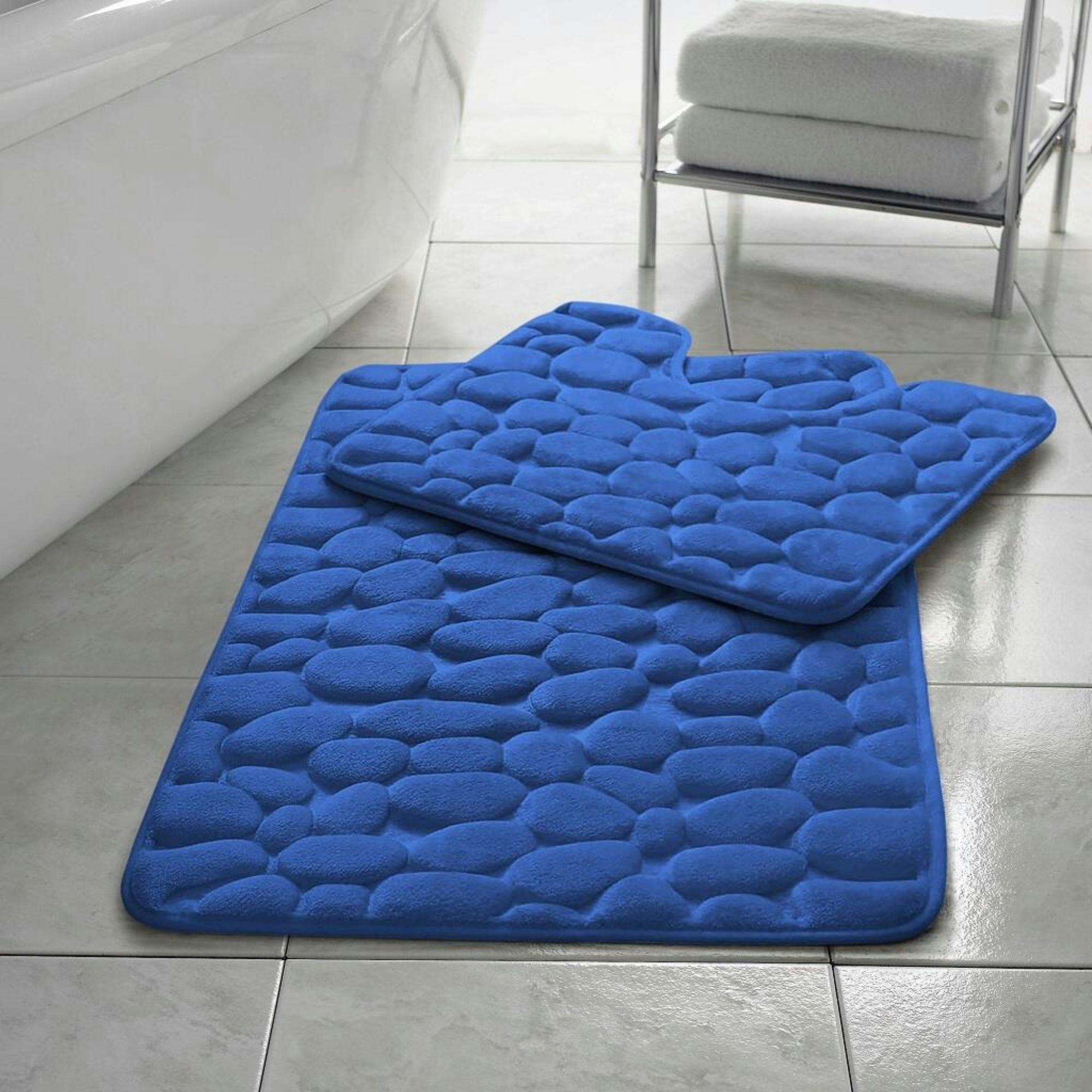 Rackhams Blue Memory Foam Pebbles Bath Mat Set 2 Piece