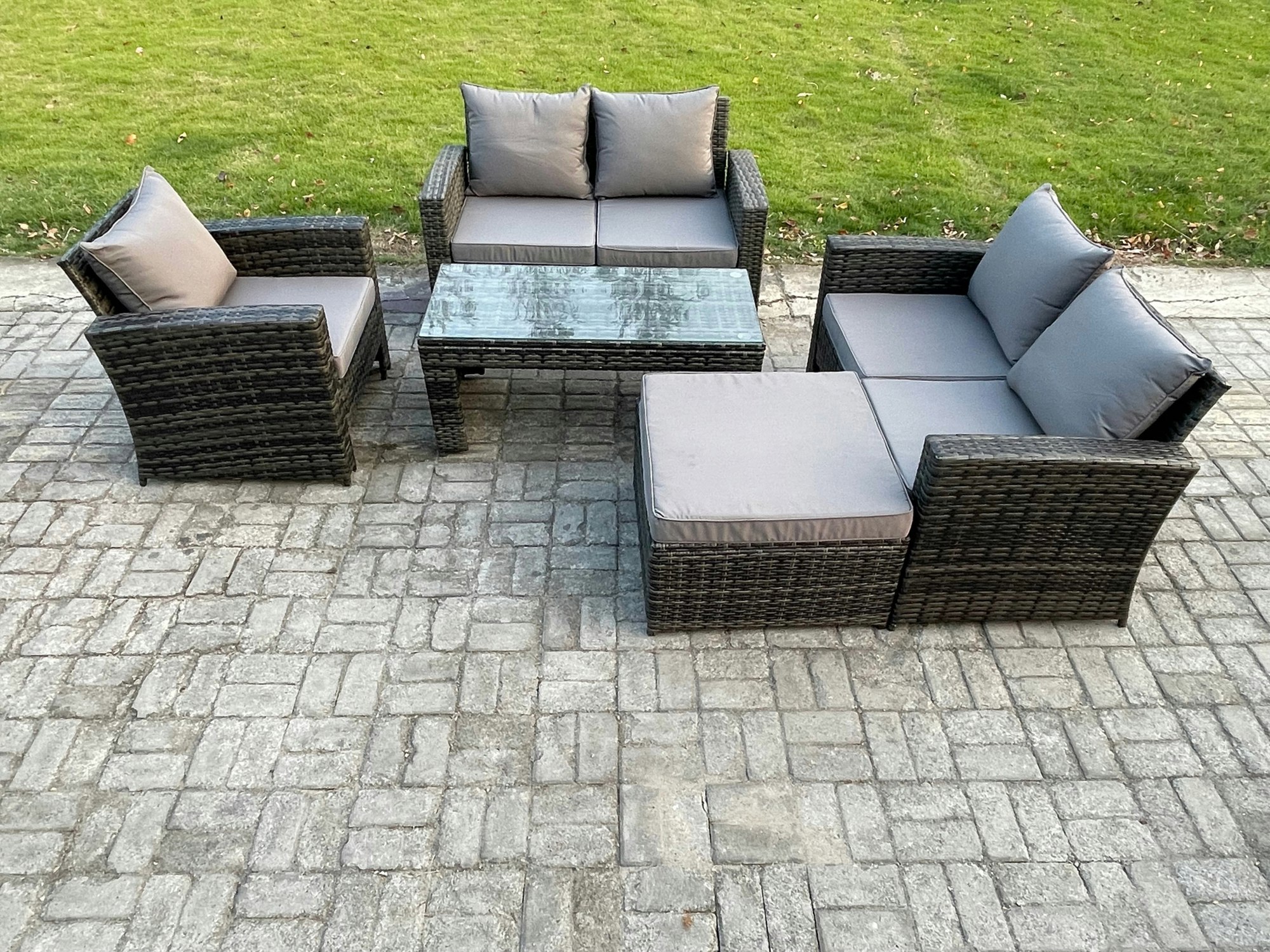 Rackhams Dark/Grey 5Pcs Rattan Outdoor Garden Furniture Sofa Set With Coffee Table Big Footstool Mixed