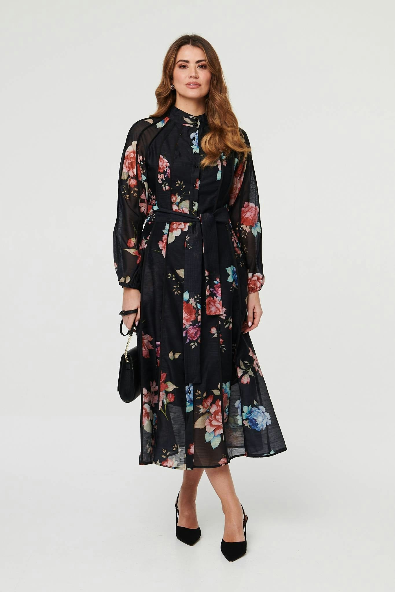 Izabel London Black Floral Semi Sheer Tie Waist Midi Dress - 8