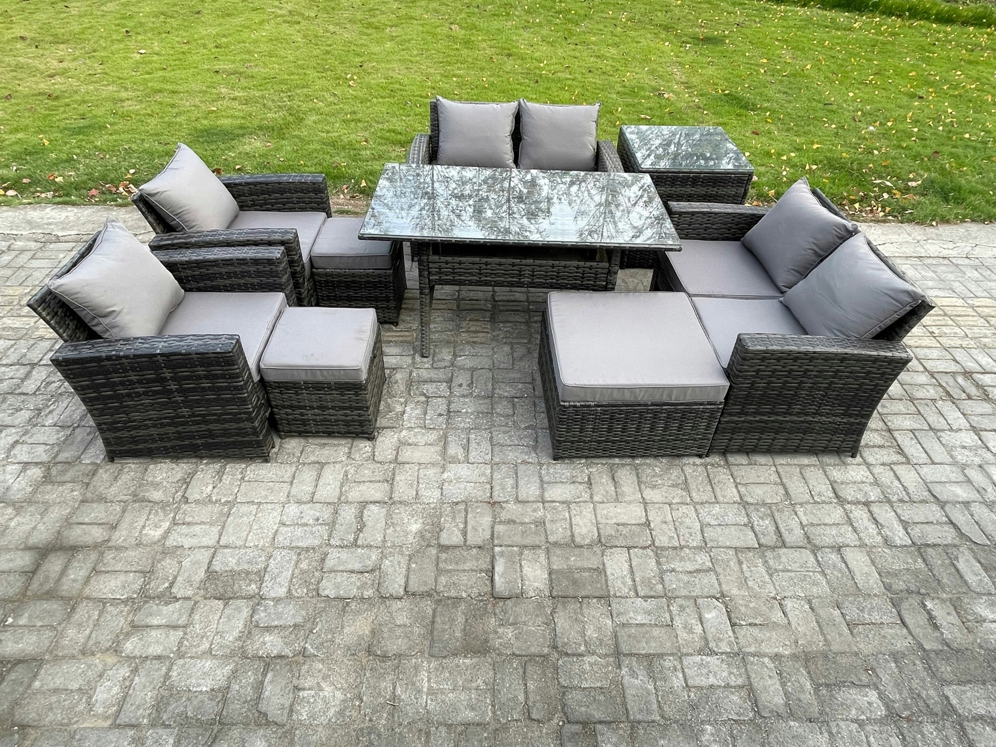 Rackhams Dark/Grey Garden Furniture Sets 9 Pieces Rattan Furniture Handmade Wicker Patio Sofa Set With 3 Footstools Side Table Mixed