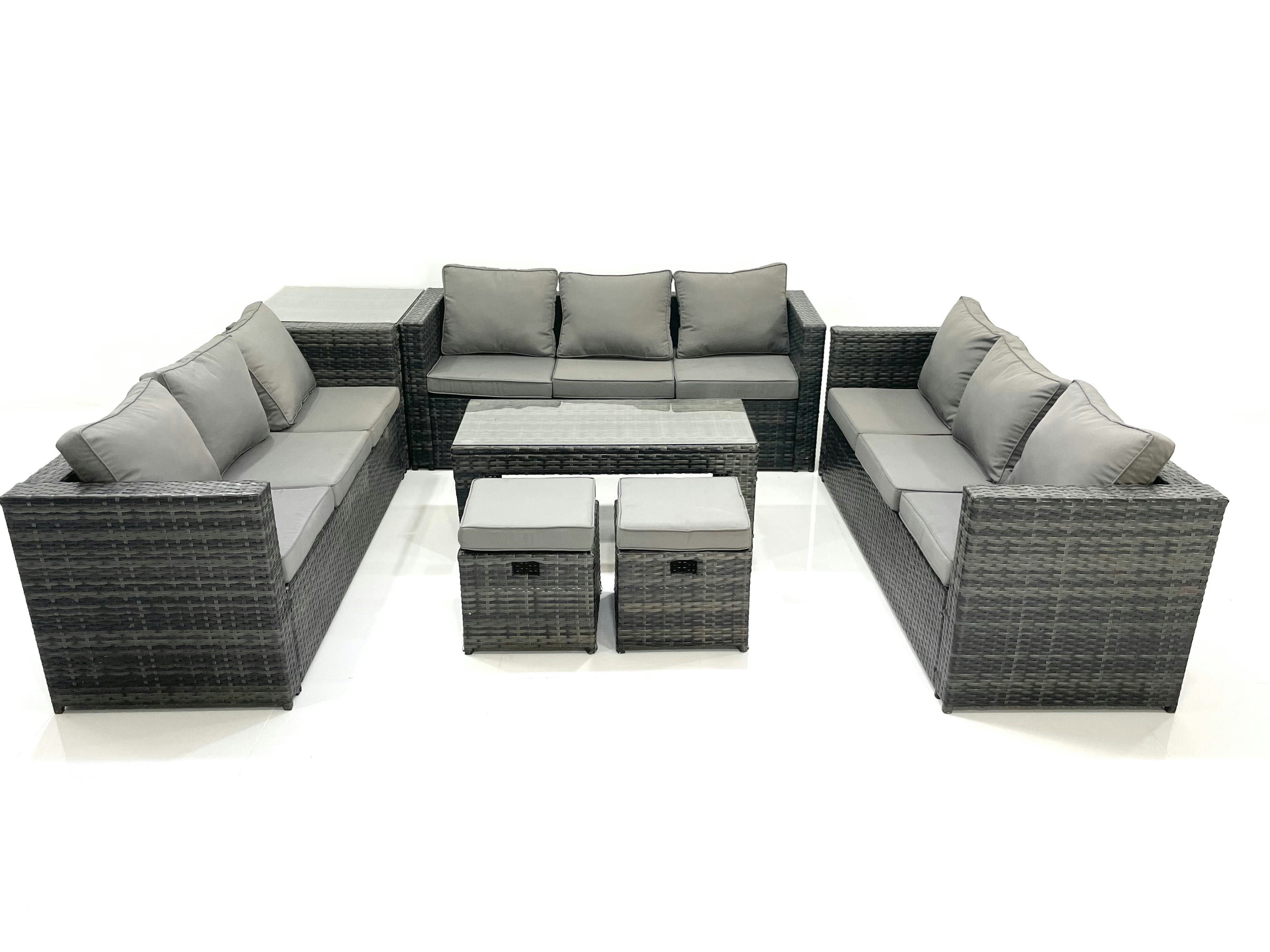 Fimous Dark/Grey Outdoor Garden Furniture Set 11 Seater Rattan Sofa Set With Coffee Table 2 Small Footstools Side Table Mixed