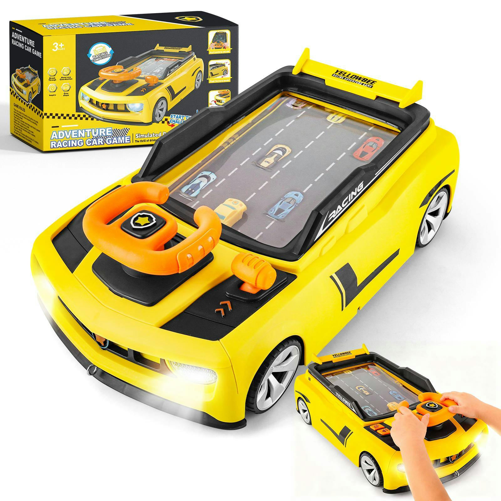 Deao Toys Yellow Simulation Racing Car Game Toy For Kids Interactive Driving Game With Steering Wheel, Sound & Lights Perfect Gift - 3+