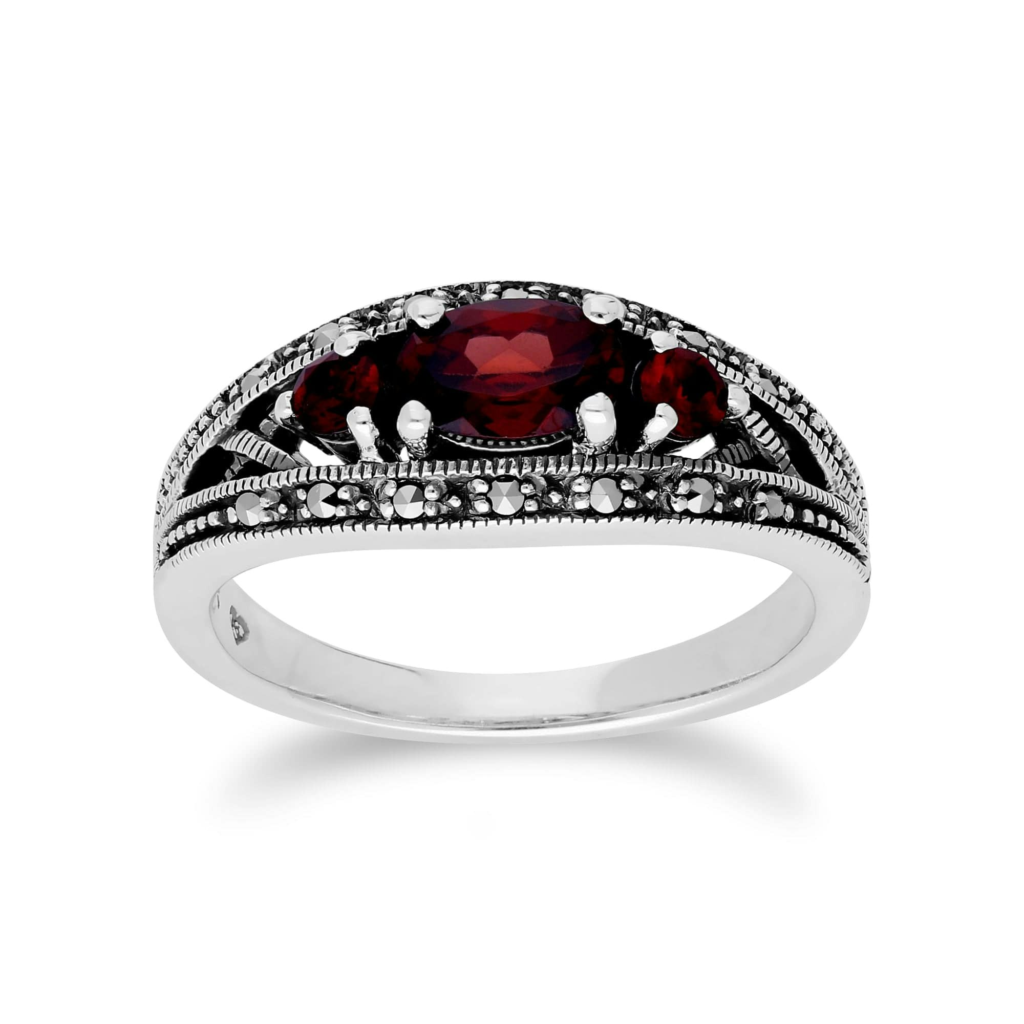 Gemondo Silver Art Deco Style Oval Garnet & Marcasite Three Stone Ring In 925 Sterling - N