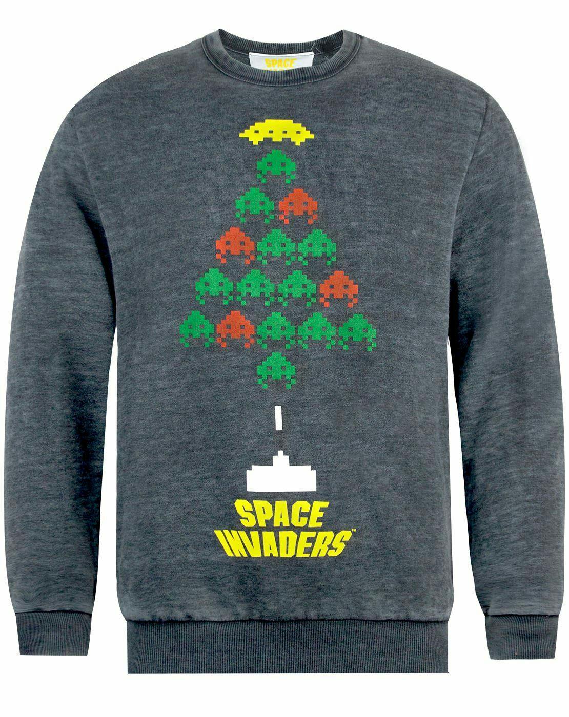 Vanilla Underground Men's Grey Space Invaders Character Christmas Jumper - XX-Large