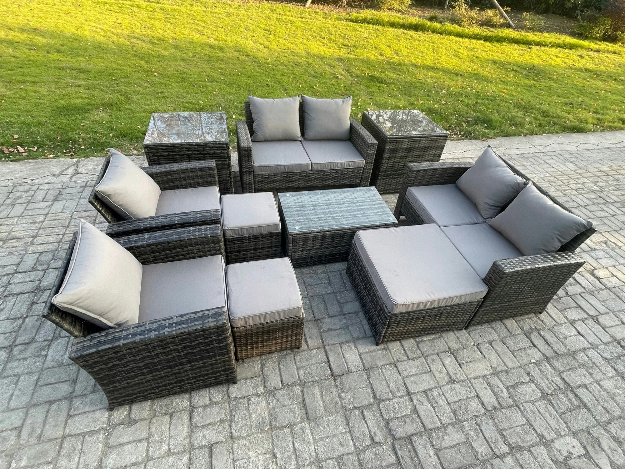 Fimous Dark/Grey 10-Piece Rattan Outdoor Sofa Set | Coffee Table, 3 Footstools, 2 Side Tables