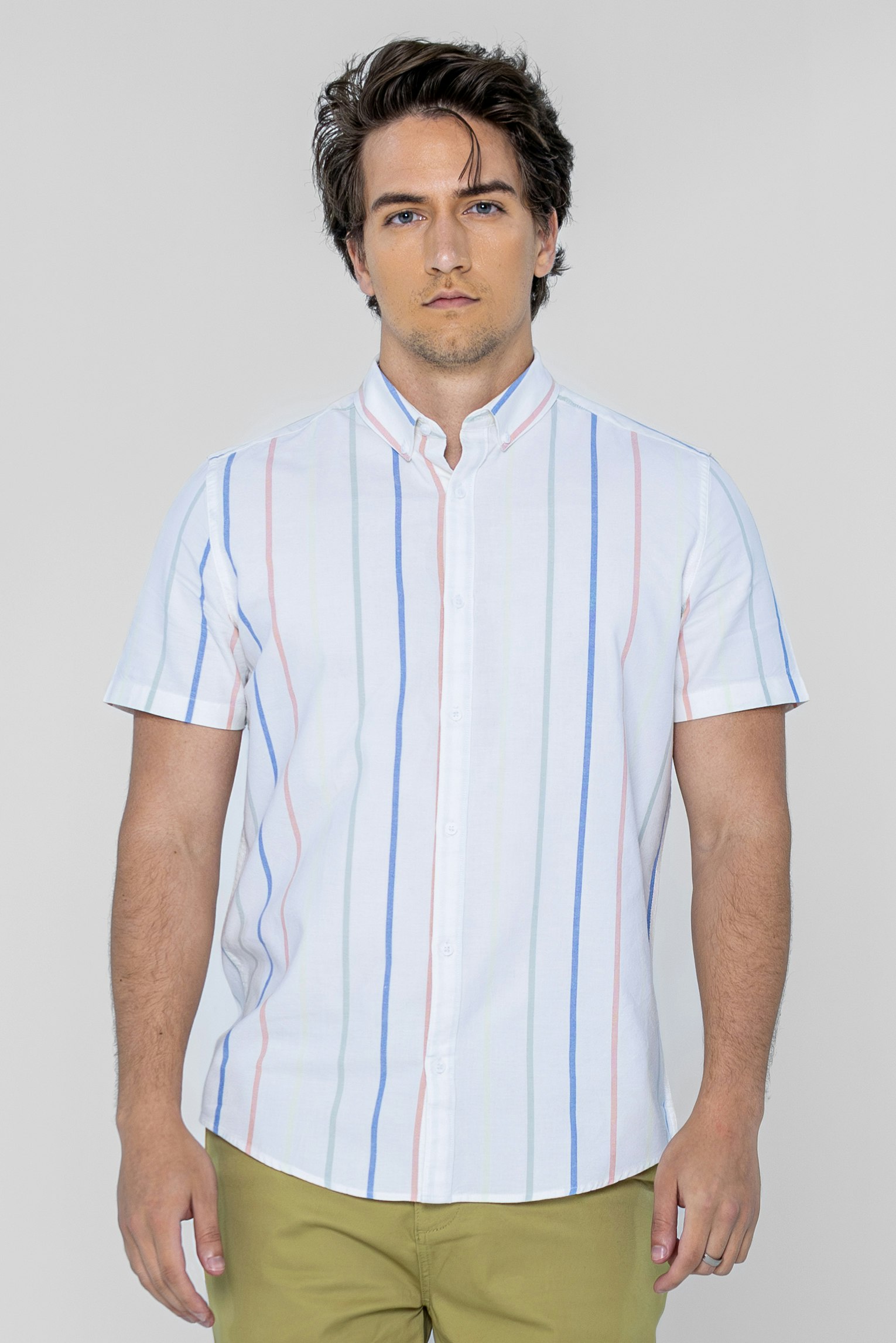 Enorsia Yellow Stripe Short Sleeve Oxfrod Shirt - L - 100% Cotton Oxford - Stripe