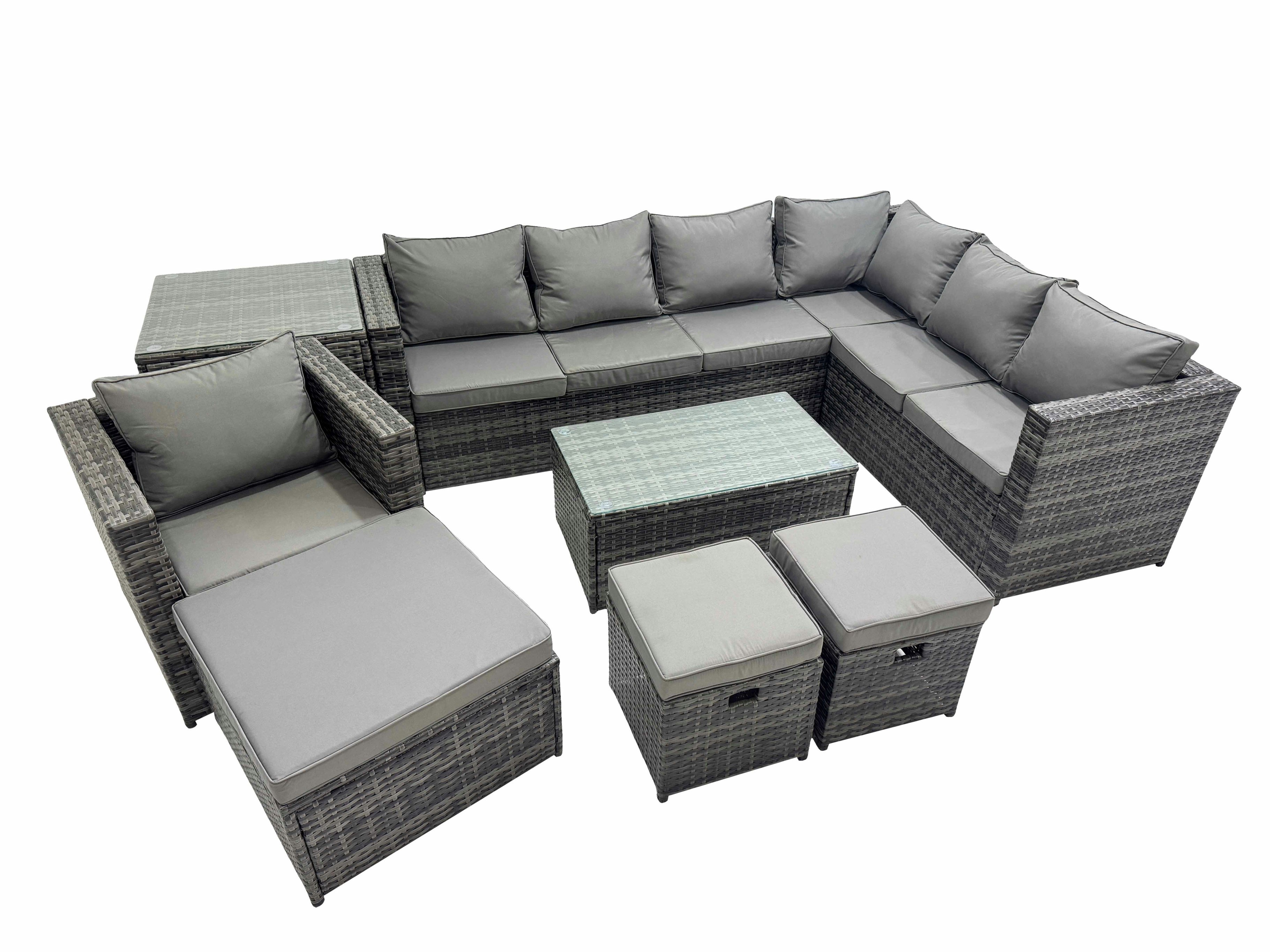 Rackhams Dark/Grey Patio Sofa Oblong Coffee Table Set Rattan Garden Furniture Set With 3 Stools Chair Side Table Mixed