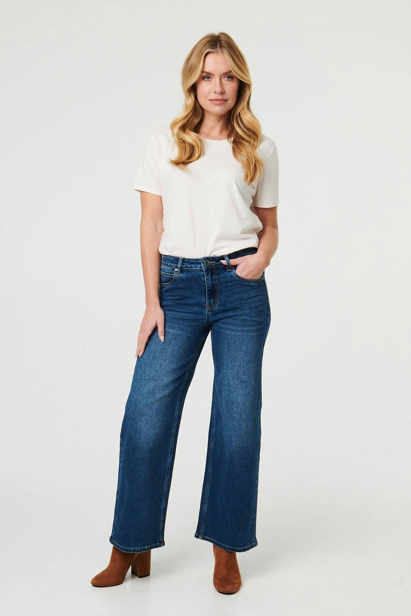 Izabel London Blue High Waist Wide Leg Jeans - 14