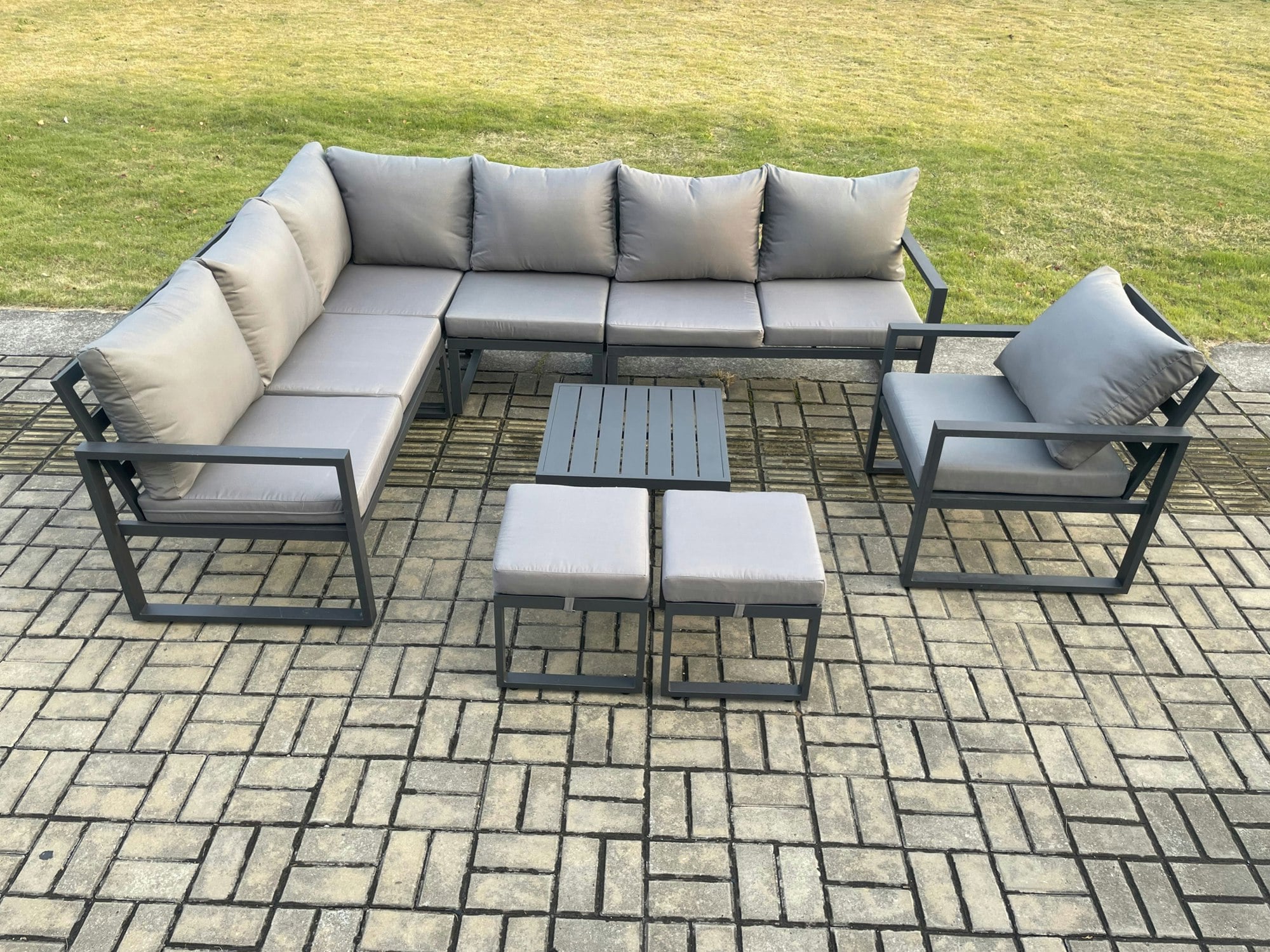 Rackhams Dark/Grey 9 Seater Aluminium Garden Furniture Set Outdoor Lounge Corner Sofa Chair Square Coffee Table Sets With 2 Small Footstools