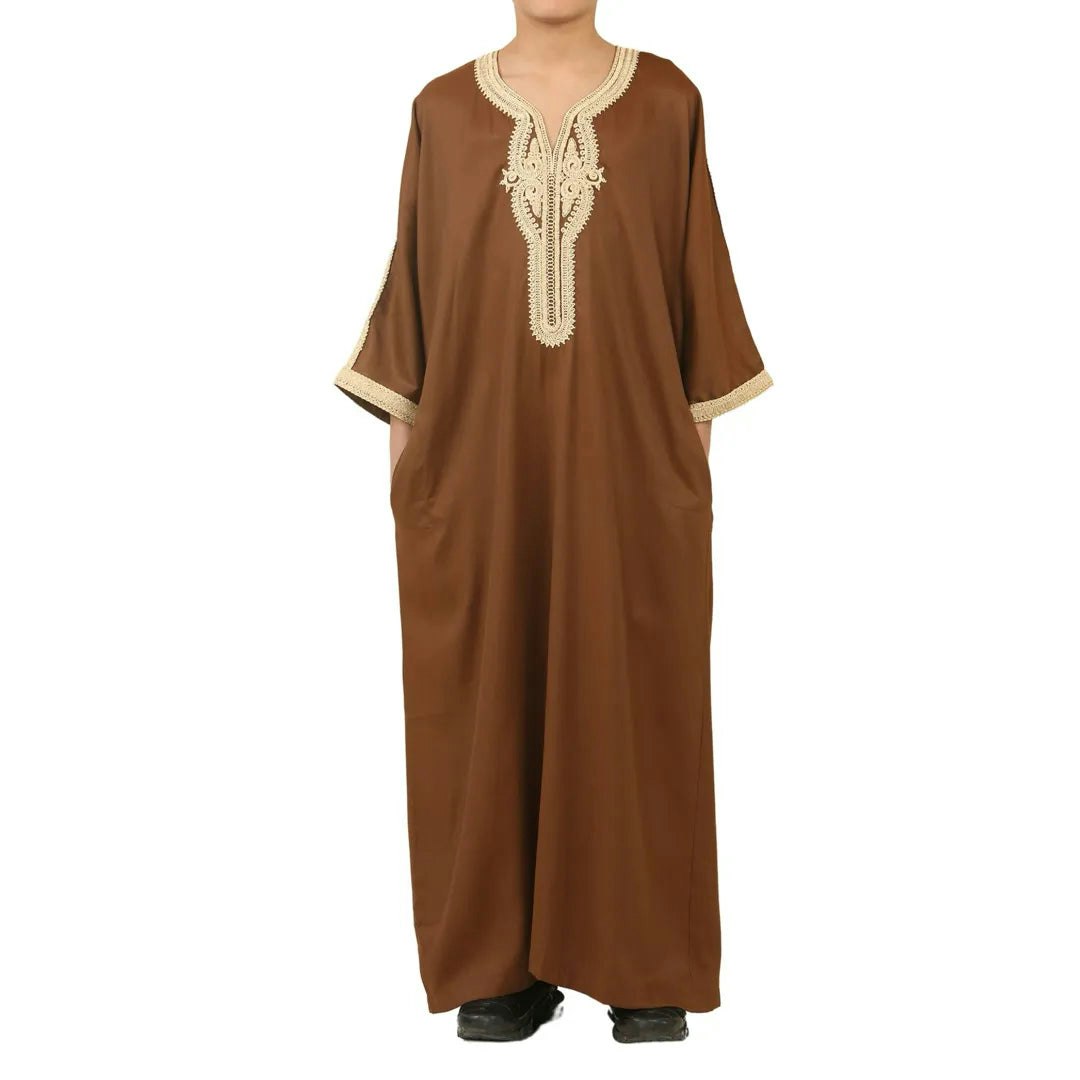 Thobez Boys Brown Hm60 - Moroccan Thobe Short Sleeve Embroidery Gandoura - 36