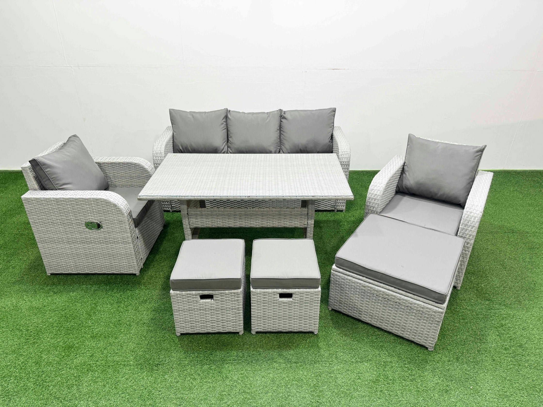 Fimous Light/Grey Pe Rattan Garden Furniture Set Reclining Chair Sofa Lounge Sofa Set Rectangular Dining Table 3 Stools
