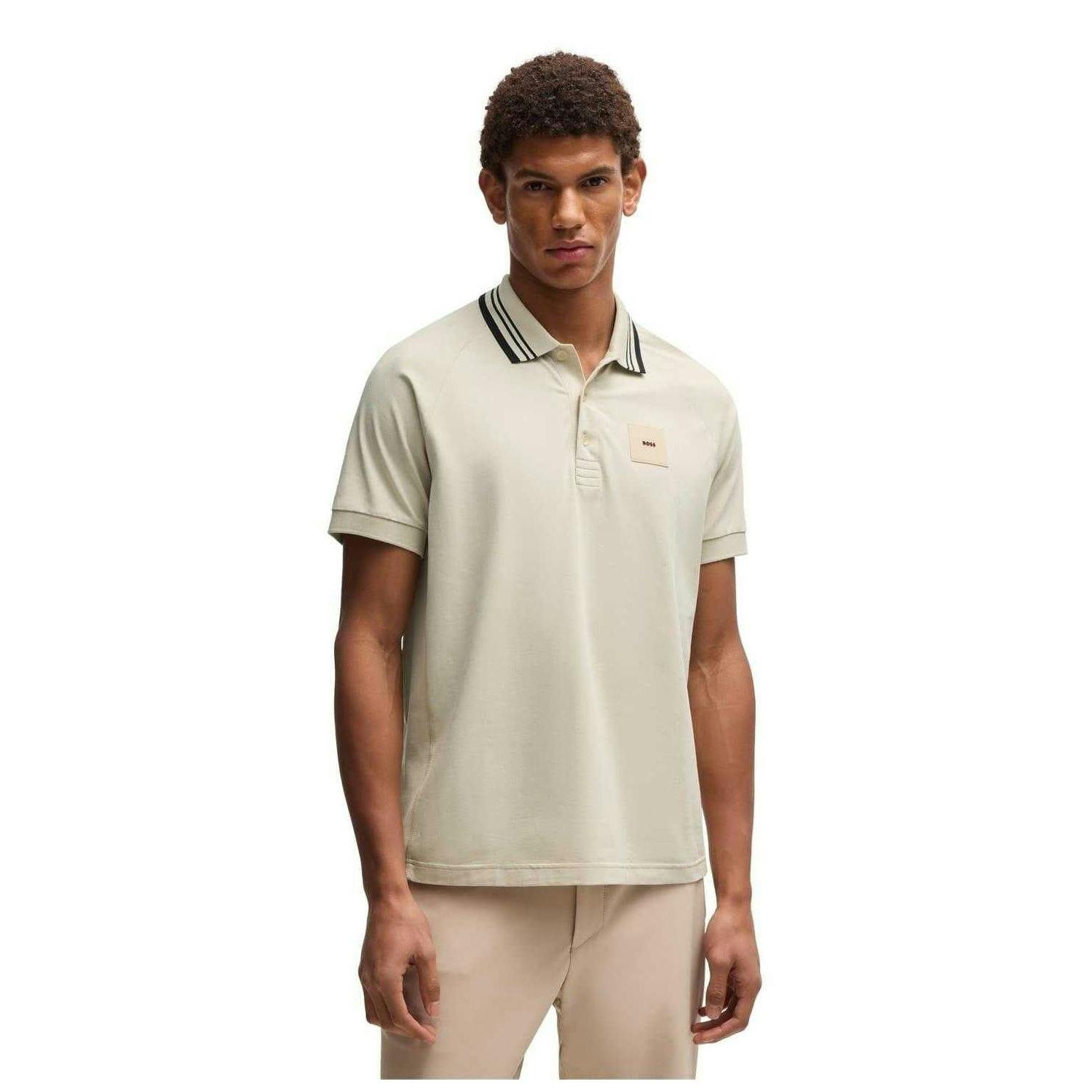 Boss Men's Beige Collared Regular Raglan Polo Shirt - S - 100% Mixed