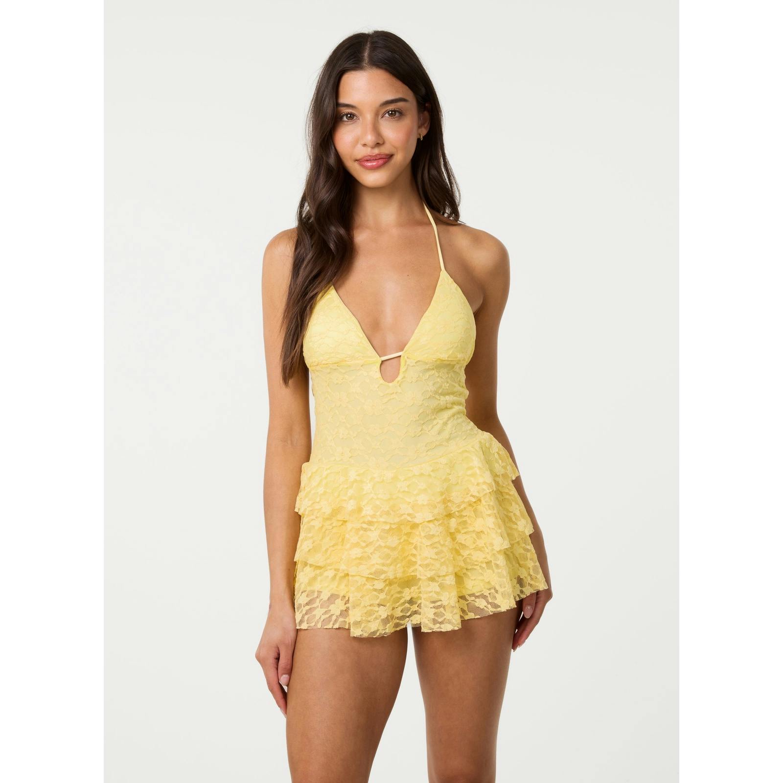 Pink Vanilla Pink/Light/Yellow Vanilla Lace Halterneck Bra Cup Dress With Shorts - M
