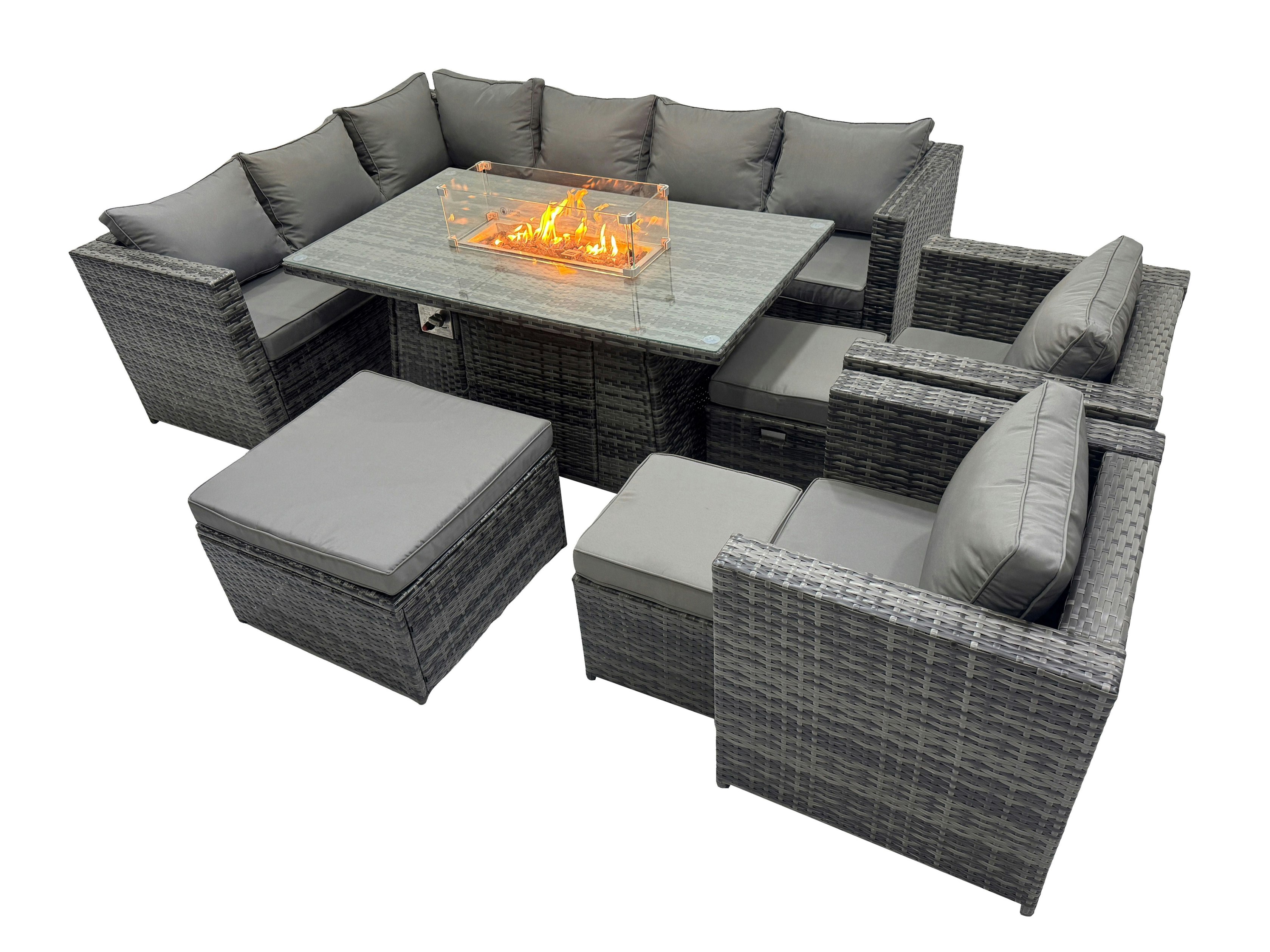 Rackhams Dark/Grey Rattan Garden Furniture Dining Set 11 Seater Gas Fire Pit Dining Table Corner Sofa Set With 3 Stool Mixed