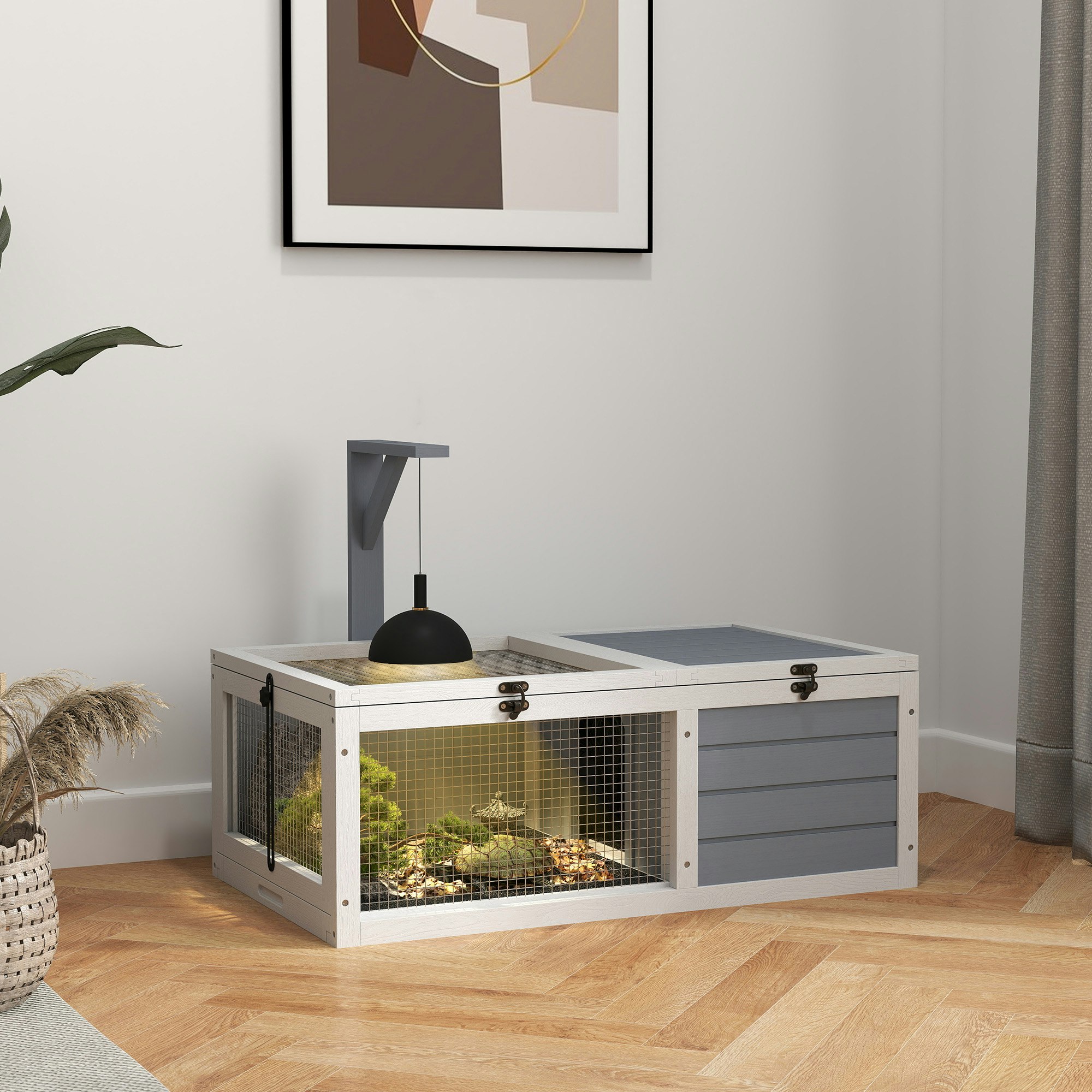 Pawhut Unisex Light Grey Tortoise Enclosure W/ Run, Lamp Holder, Pull Out Trays, Hideaway In - Image 10