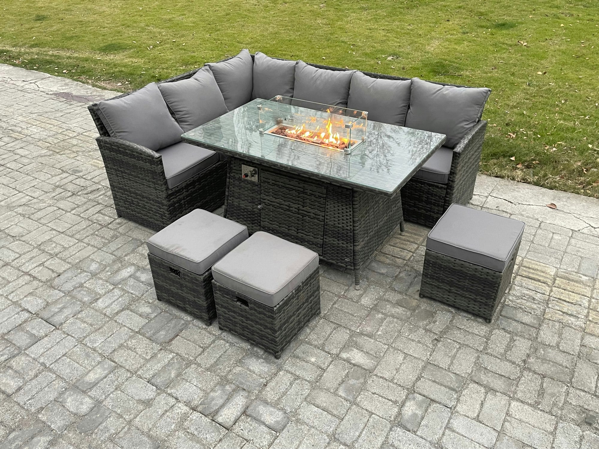 Fimous Dark/Grey Rattan Garden Furniture High Back Corner Sofa Gas Fire Pit Dining Table Sets Gas Heater With 3 Small Footstools 9 Seater Mixed