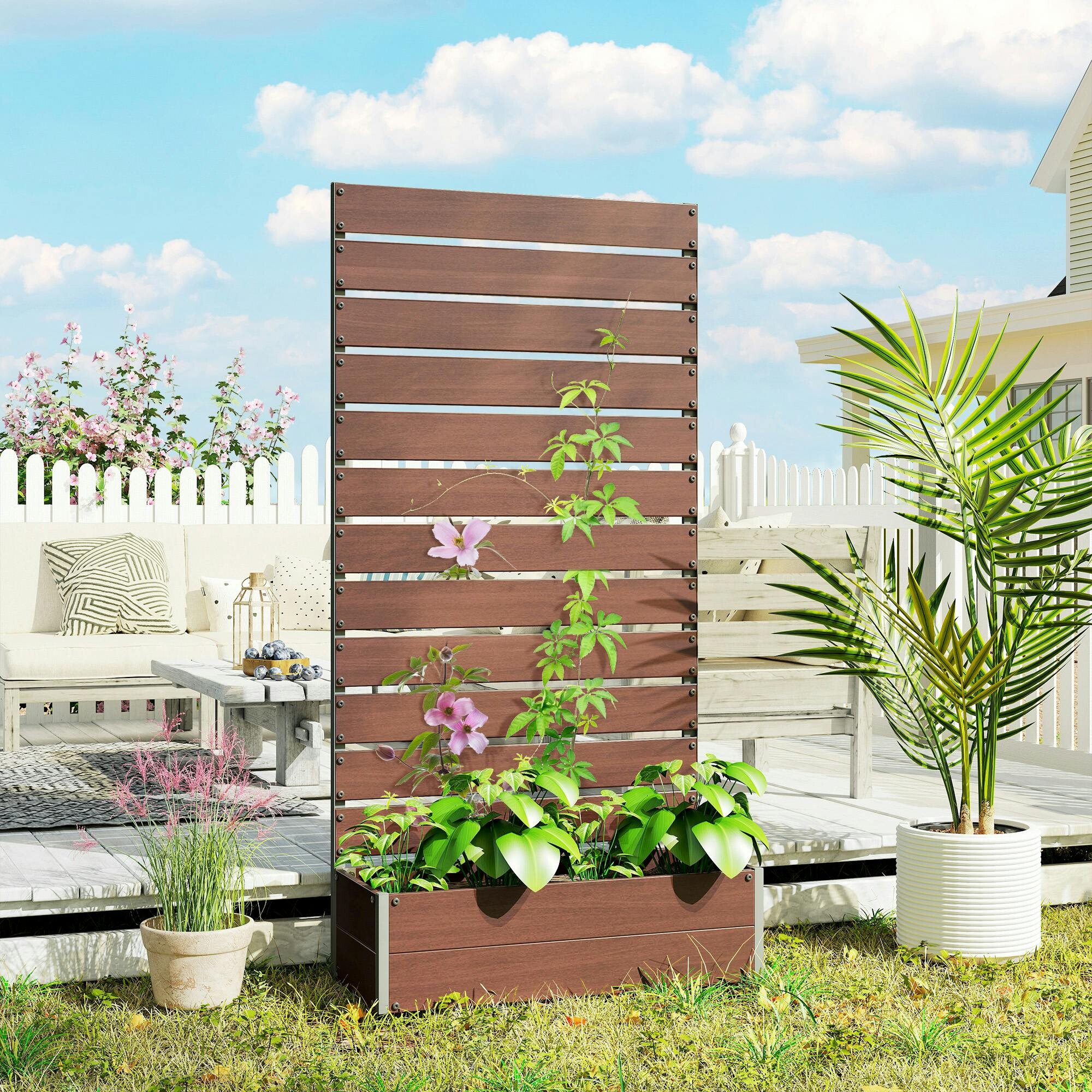 B&Q - Raised Garden Bed With Trellis Standing Patio Planter Box Light Brown - Image 3