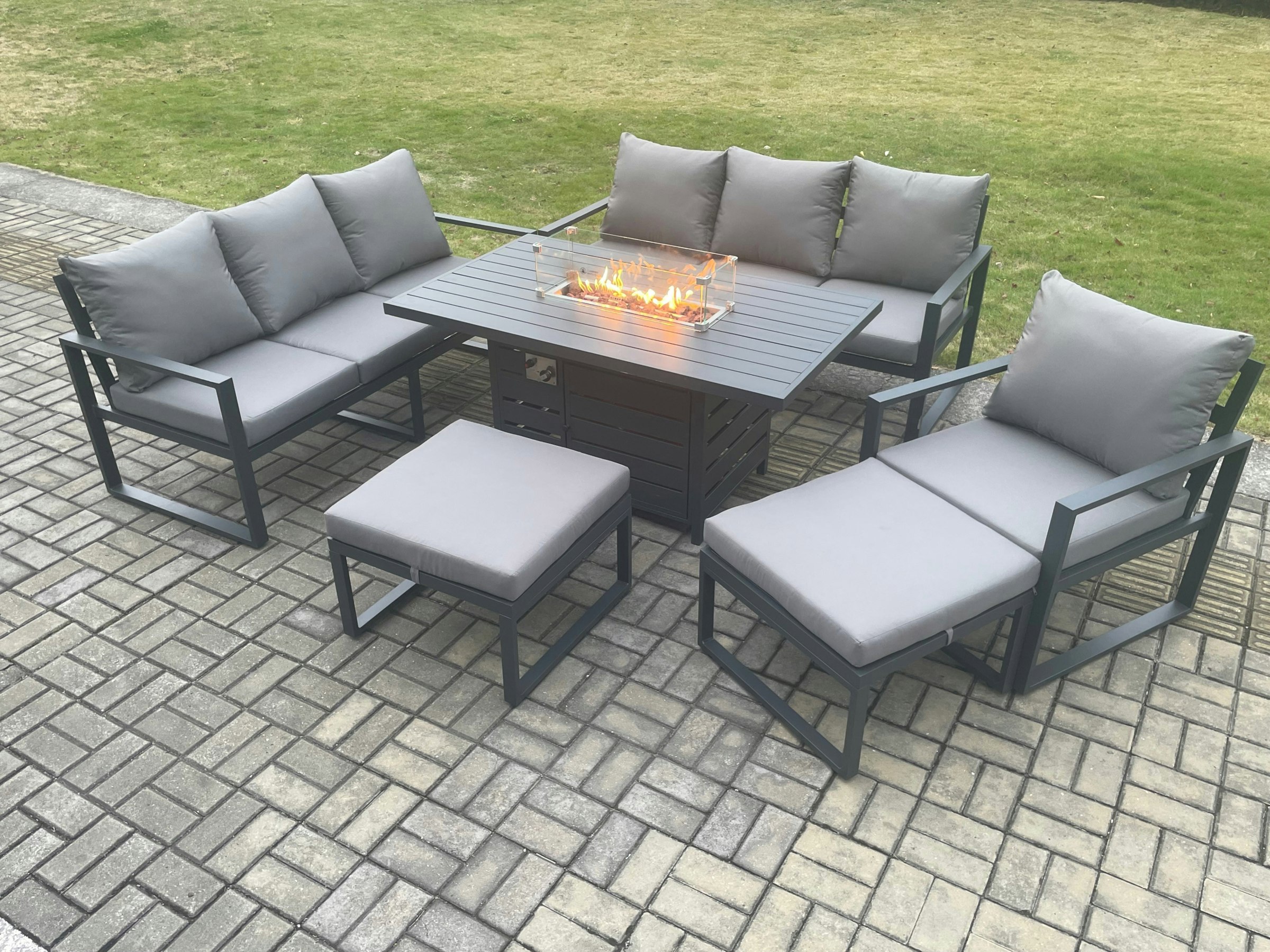 Rackhams Dark/Grey Aluminium 6 Pieces Garden Furniture Sofa Set With Cushions 9 Seater Gas Fire Pit Dining Table Set With 2 Big Footstools