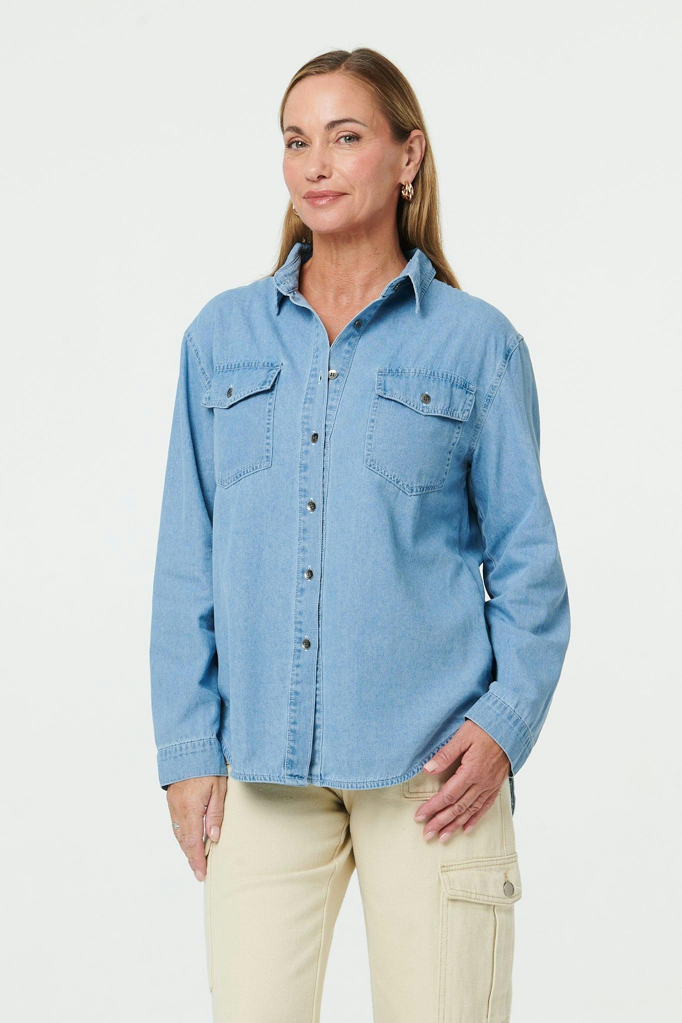 Izabel London Blue Denim Relaxed Long Sleeve Shirt - Xl